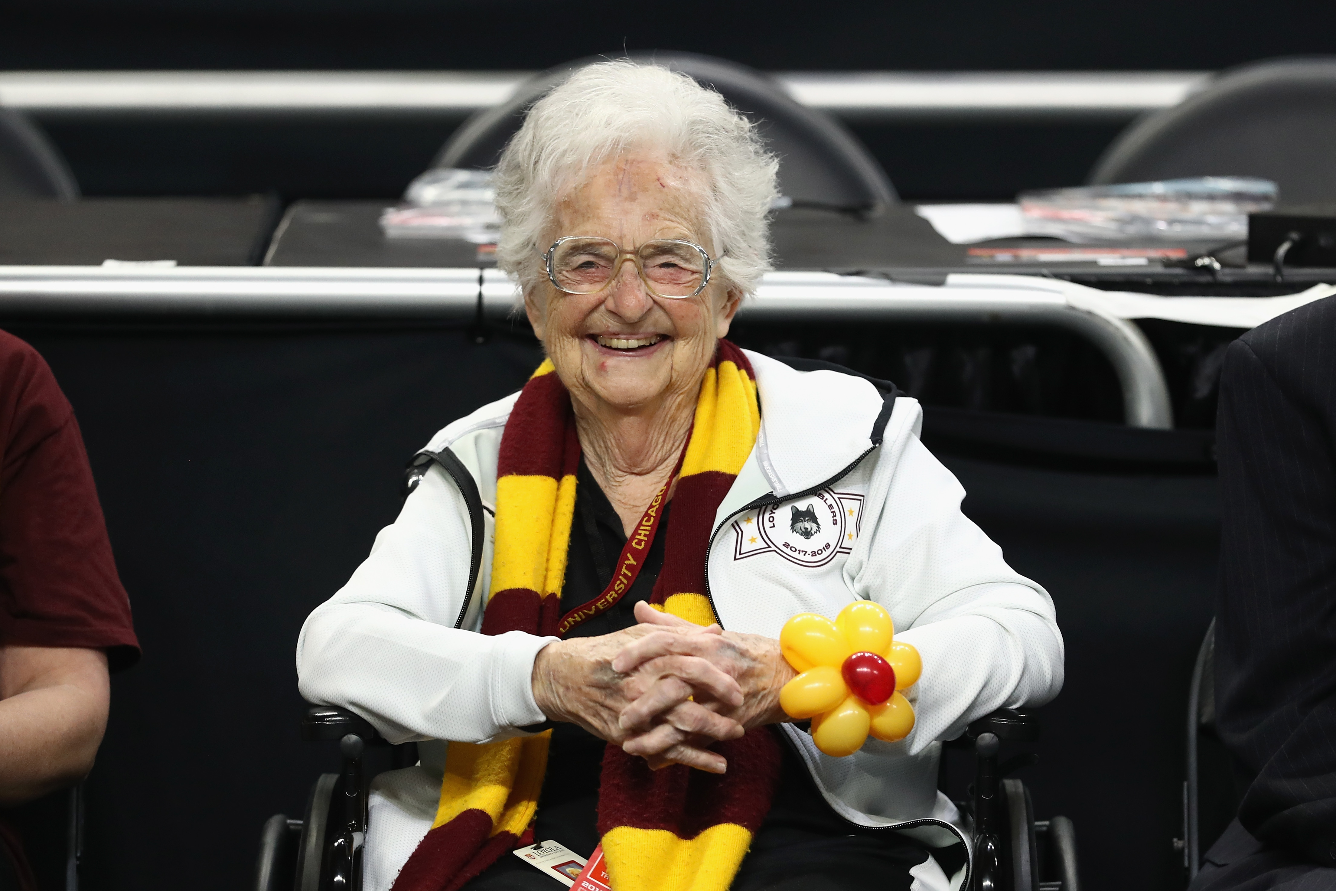 SAN ANTONIO, TX - MARCH 31:  Loyola Ramblers team chaplain Sister Jean Dolores-Schmidt looks on before the 2018 NCAA Men's Final Four Semifinal against the Michigan Wolverines at the Alamodome on March 31, 2018 in San Antonio, Texas.  (Photo by Ronald Martinez/Getty Images)