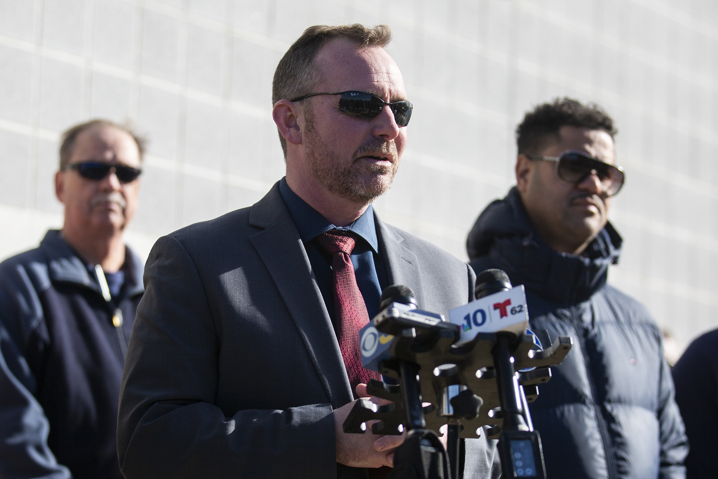 Sean Riggin, chief of Police in Pleasantville, N.J., speaks with media Saturday, Nov. 16, 2019 at Pleasantville High School regarding the shooting at a football game between Camden High School and Pleasantville on Friday, November 15 in Pleasantville, NJ. (Tyger Williams/The Philadelphia Inquirer via AP )