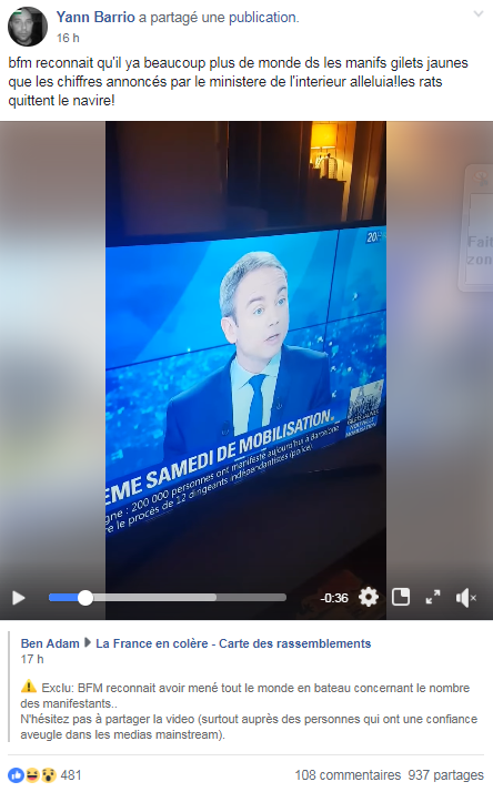 BFMTV met en doute les chiffres de la mobilisation donnés par le ministère de l'Intérieur, les gilets...