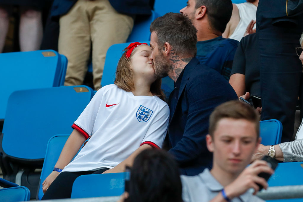 Image result for Defiant David Beckham kisses daughter Harper on the lips again despite criticisms from Piers Morgan photos