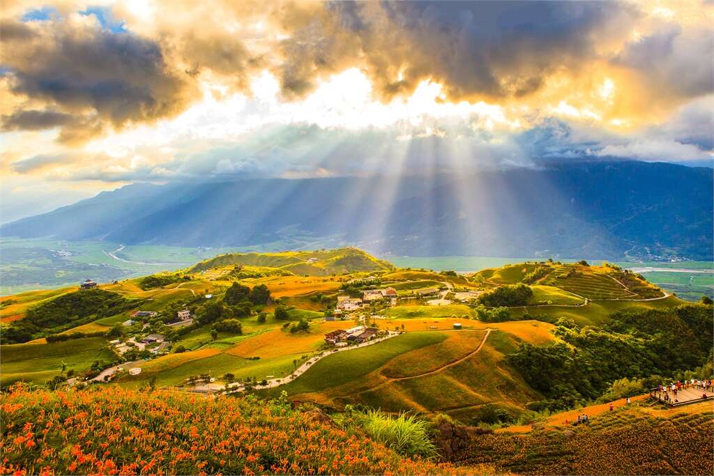 六十石山的招牌美景是夕陽與雲隙光搭配黃澄澄金針花海。圖/花東縱谷風景區