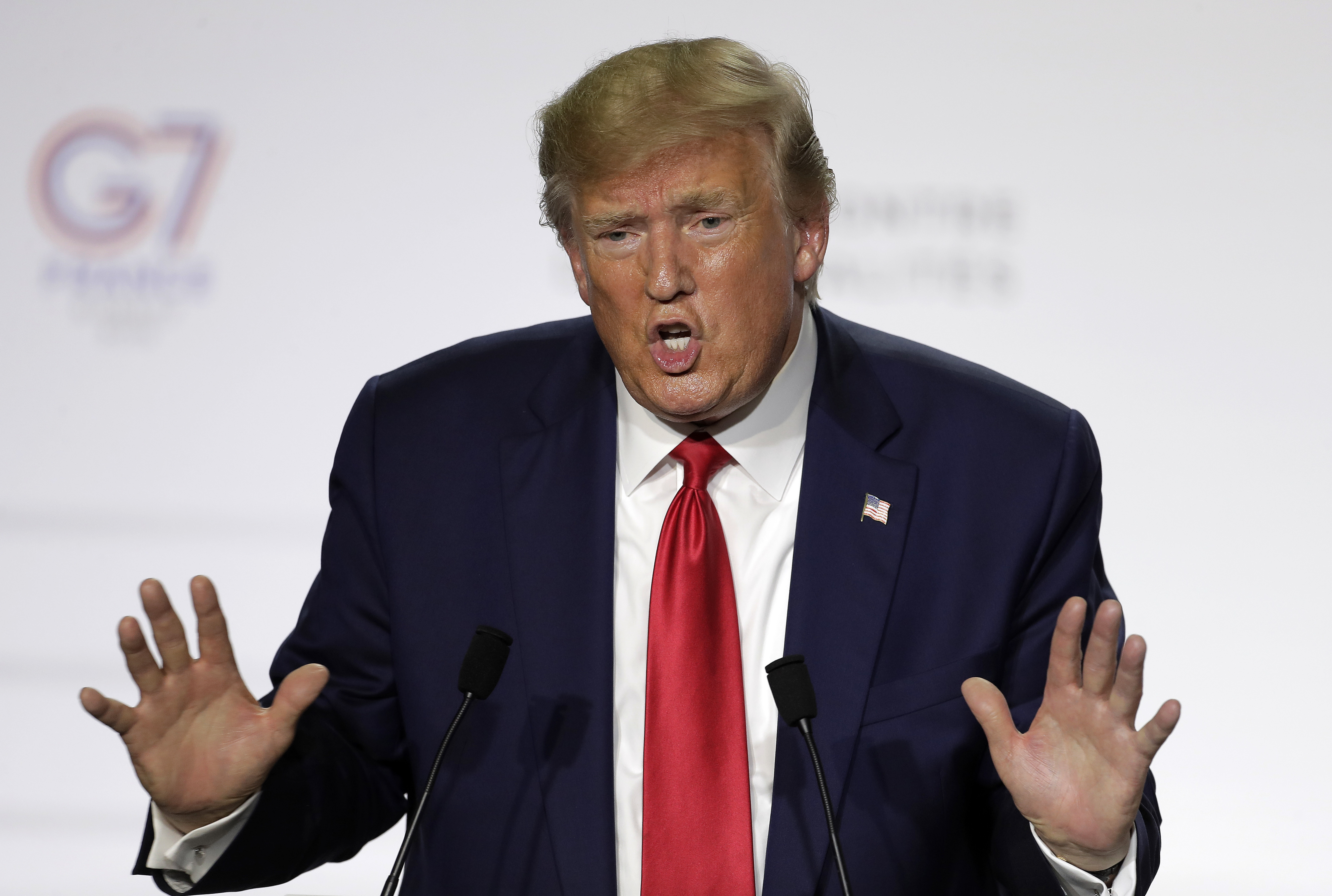 President Donald Trump gestures during a press conference on the third and final day of the G-7 summit in Biarritz, France, Aug. 26, 2019. (Photo: Markus Schreiber/AP)