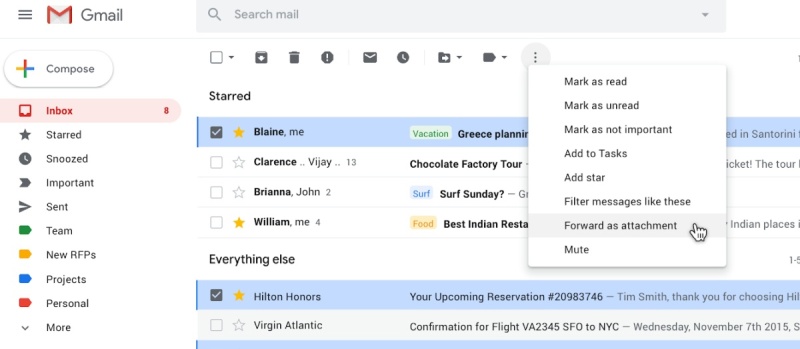 Gmail can add emails as attachments to cut down on forwarding