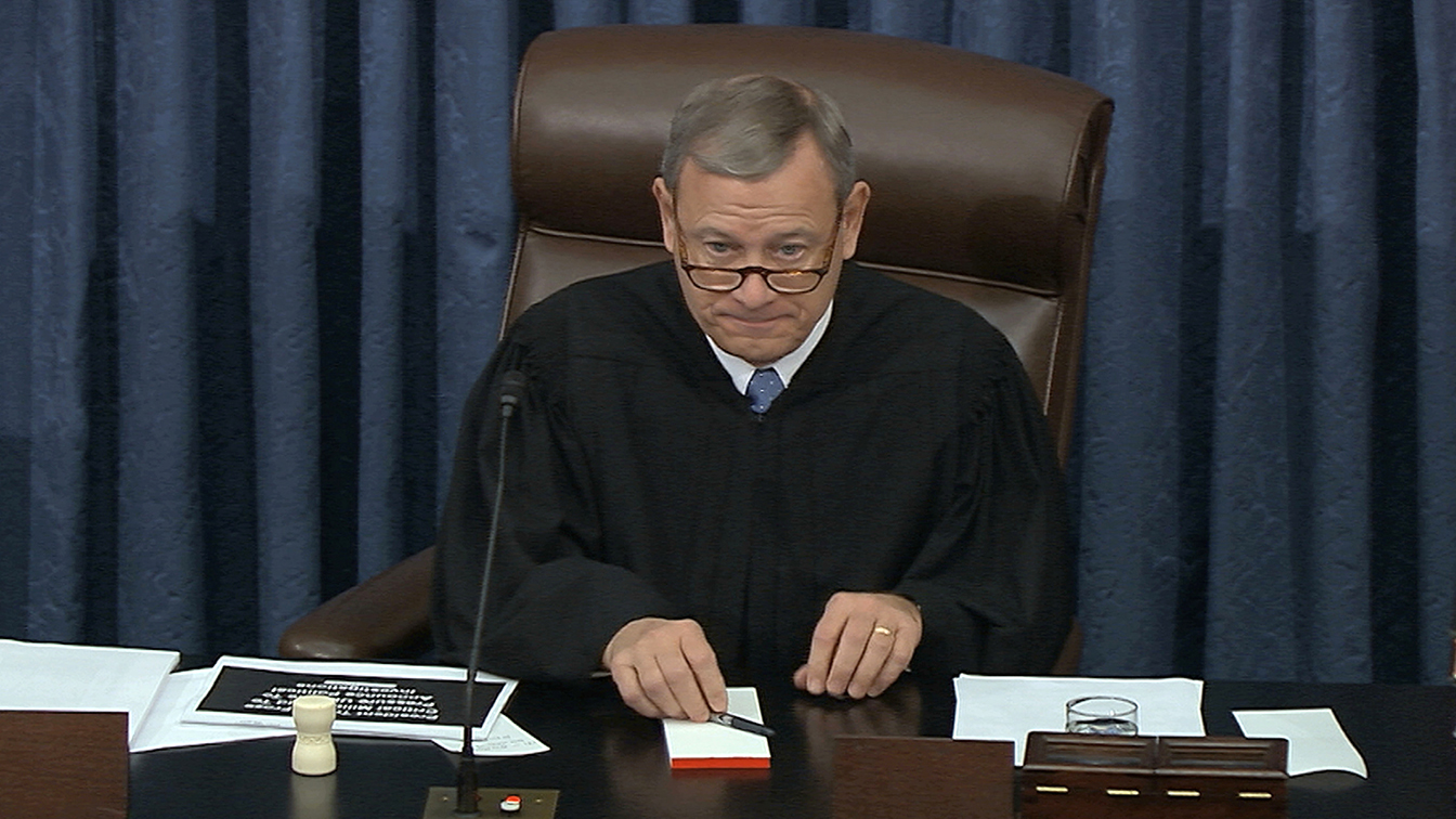 Presiding officer Supreme Court Chief Justice John Roberts listens during the impeachment trial against President Donald Trump in the Senate at the U.S. Capitol in Washington on Jan. 23, 2020. (Screengrab: Senate TV via AP)