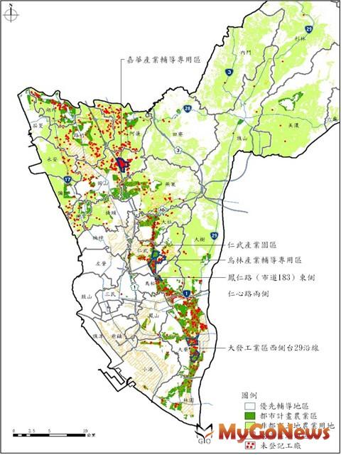 ▲高雄市未登記工廠優先輔導地區區位圖(圖:高雄市政府)