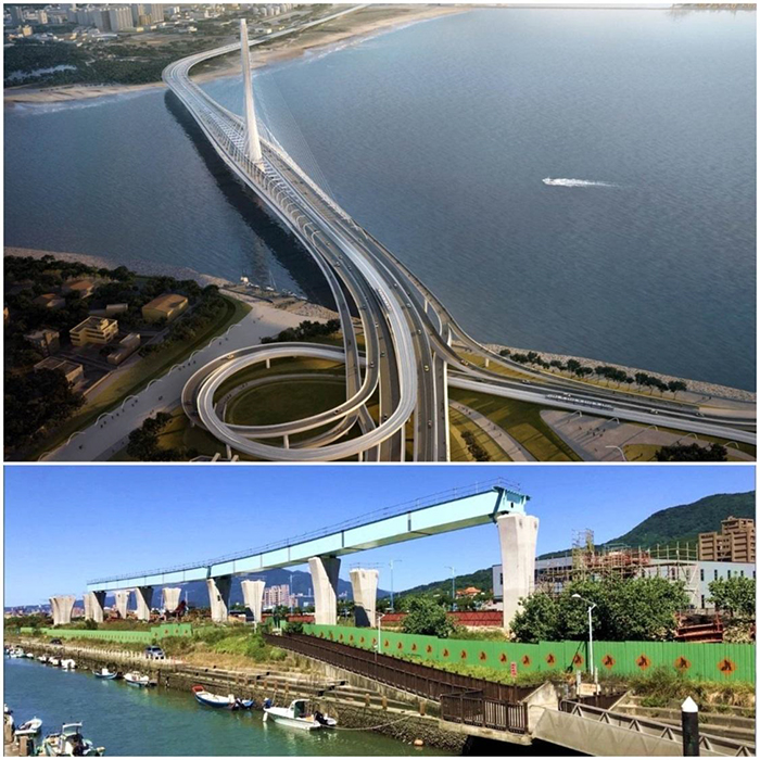 全球最長單塔斜張橋「淡江大橋」已開始施工，預計2024完工。(▲上圖為淡江大橋完工模擬圖、▼下圖為淡江大橋施工實景) 圖片來源:新北市政府交通局