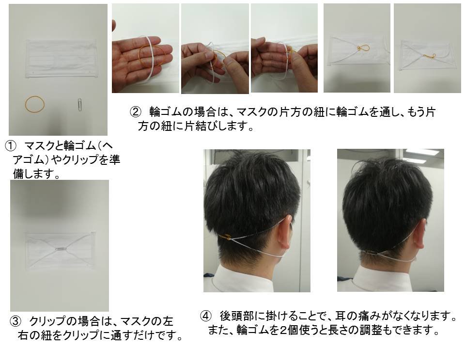 只要使用橡皮筋、迴紋針等小工具，將口罩兩邊的鬆緊帶綁起來，就可以變成在頭後方固定著口罩的方式