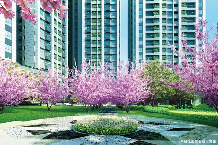 禾悅花園中庭栽植雙排日本霧社吉野櫻，未來住戶下樓即可漫遊櫻花林。