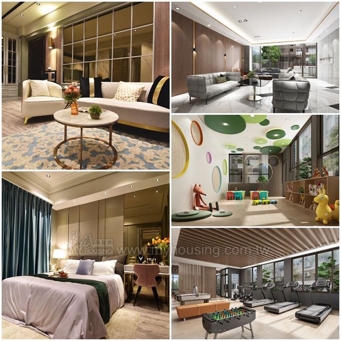 【文傑雙綻】規劃25-35坪，2-3房的適中居家空間，設施多元的全齡社區，符合現代居住趨勢。 (文傑雙綻樣品屋實景、公設3D示意圖) 。