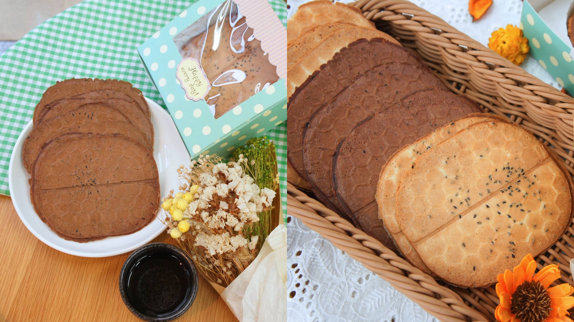 外觀是蜂巢狀的餅乾，拿起來非常薄一片，口感酥脆，而且外包裝還是使用夾鏈袋設計，不用擔心吃不完會軟掉