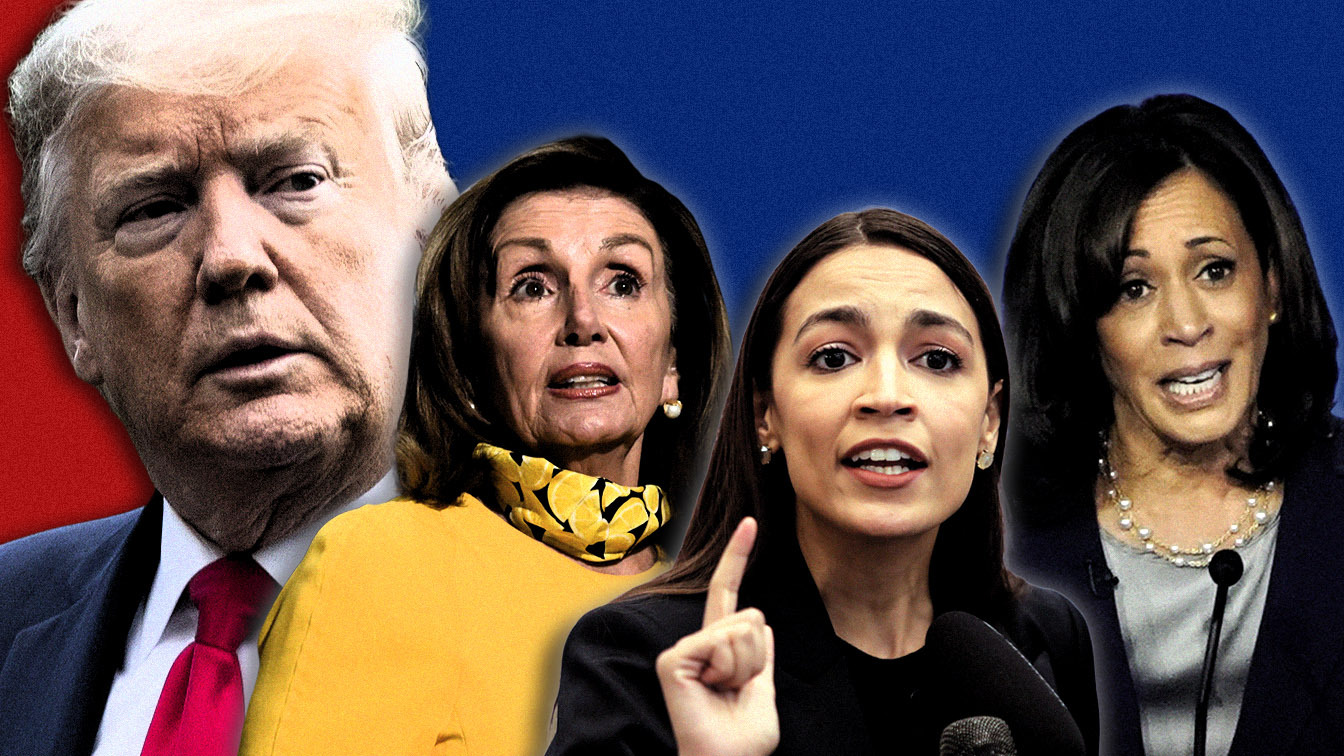 President Trump, House Speaker Nancy Pelosi, Rep. Alexandria Ocasio-Cortez and Sen. Kamala Harris. (Photo illustration: Yahoo News; photos: AP)