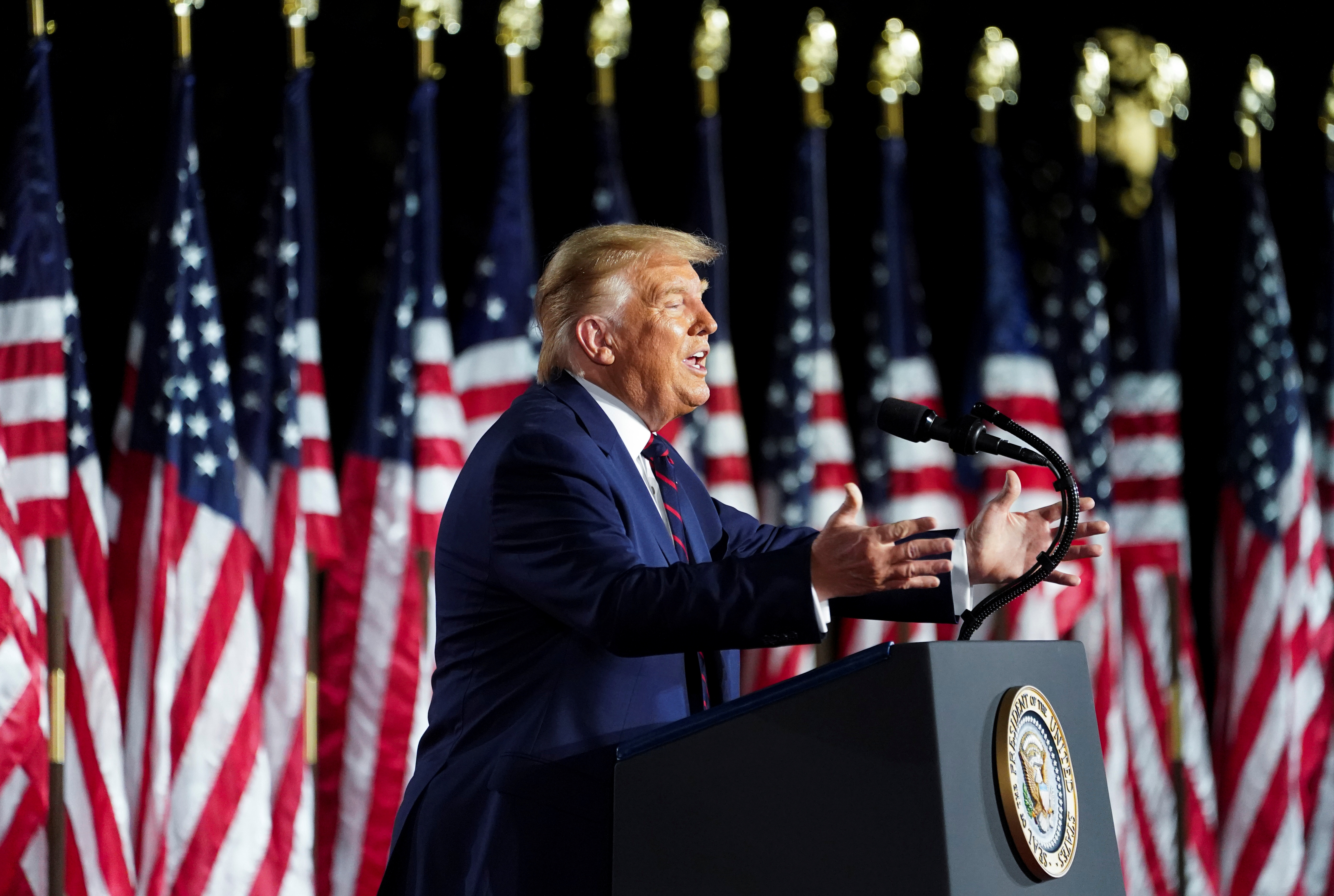 President Donald Trump delivers his acceptance speech as the 2020 Republican presidential nominee during the final event of the Republican National Convention on the South Lawn of the White House in Washington, U.S., August 27, 2020. (Kevin Lamarque/Reuters)