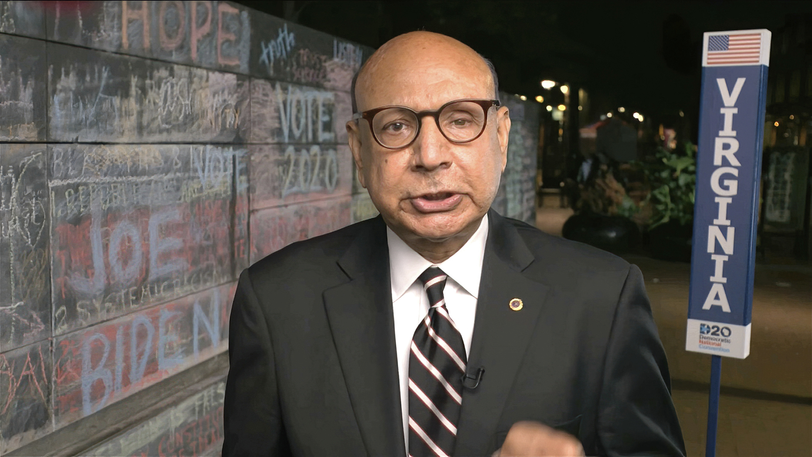 In this image from video, Khizr Khan speaks during the state roll call vote on second night of the Democratic National Convention on Tuesday, Aug. 18, 2020. (Democratic National Convention via AP)