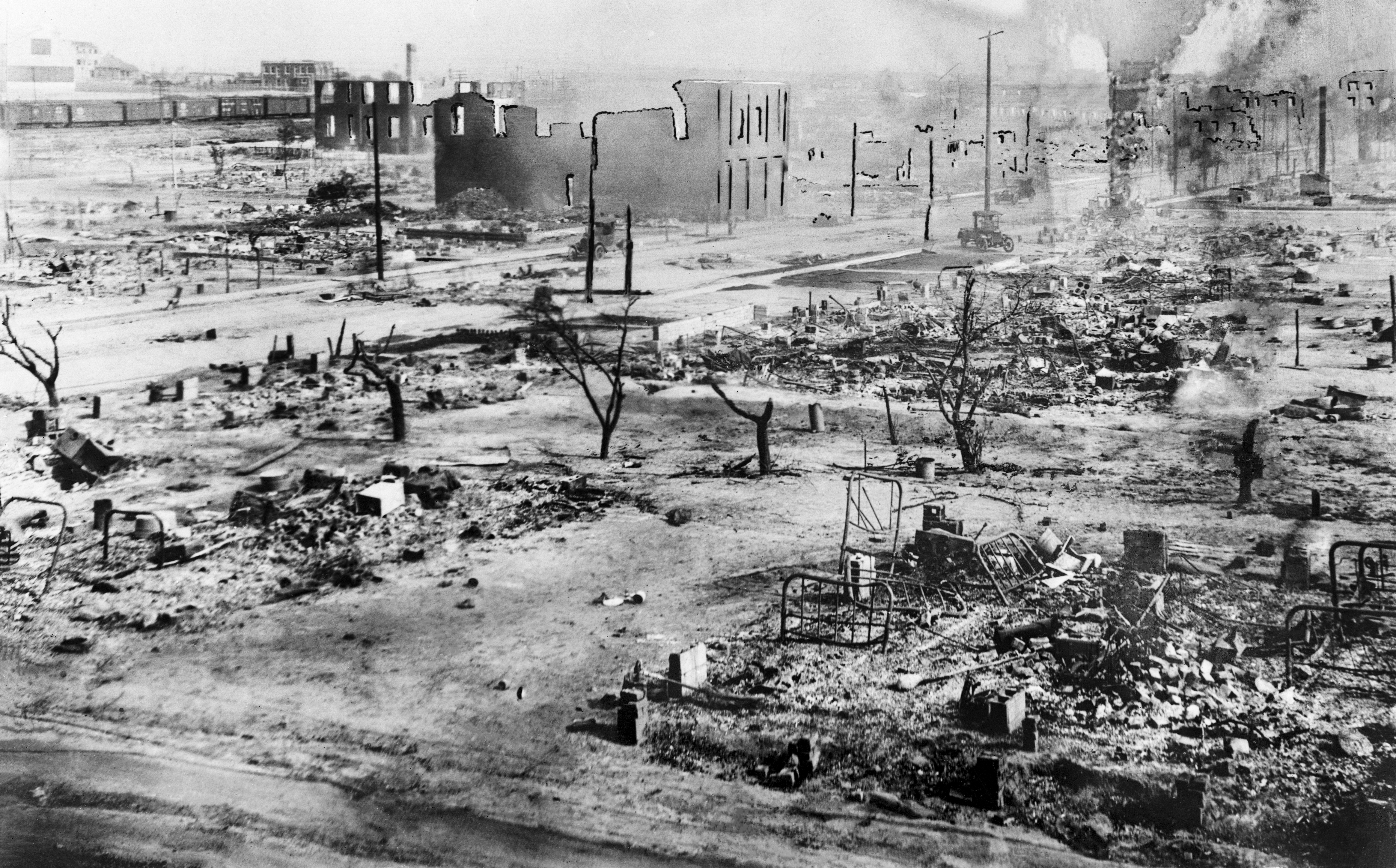 The aftermath of the Tulsa Race Massacre, during which mobs of white residents attacked Black residents and businesses of the Greenwood District in Tulsa, Oklahoma, US, June 1921. (Photo by Bettmann Archive/Getty Images)