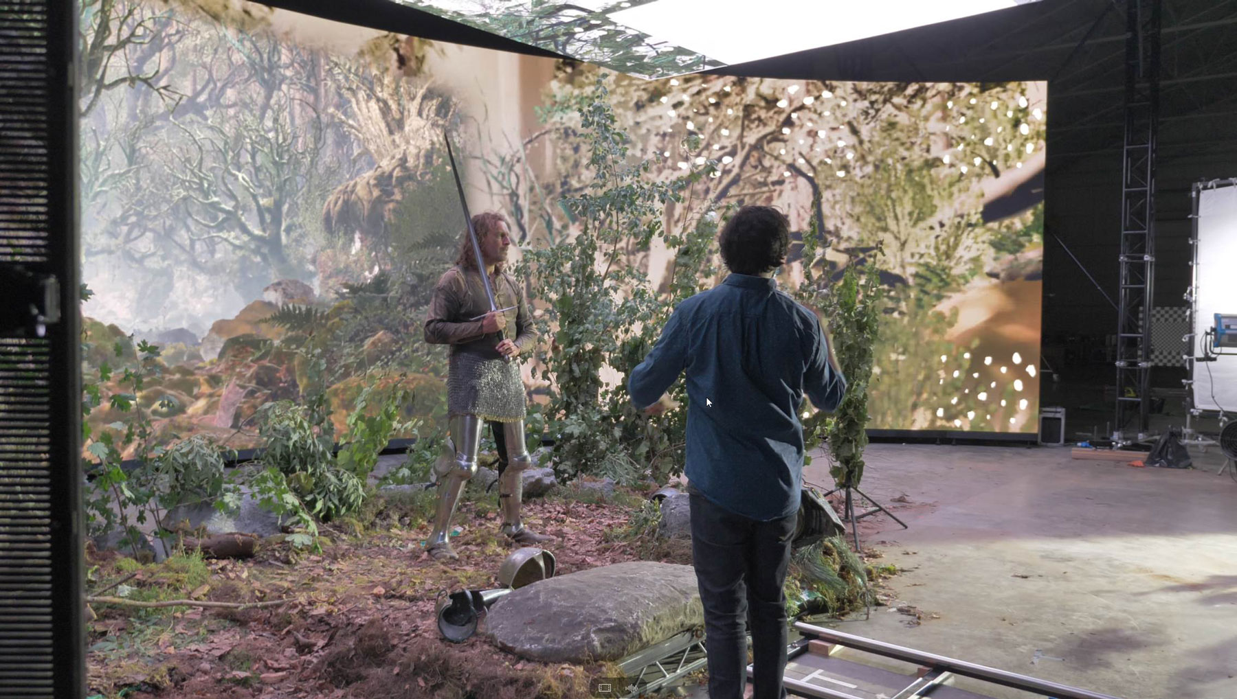 Wide angle shot behind the scenes of 'Percival' the first all-virtual film. Jason Kingsley OBE is waving a sword around and wondering if that's an acceptable form of government.