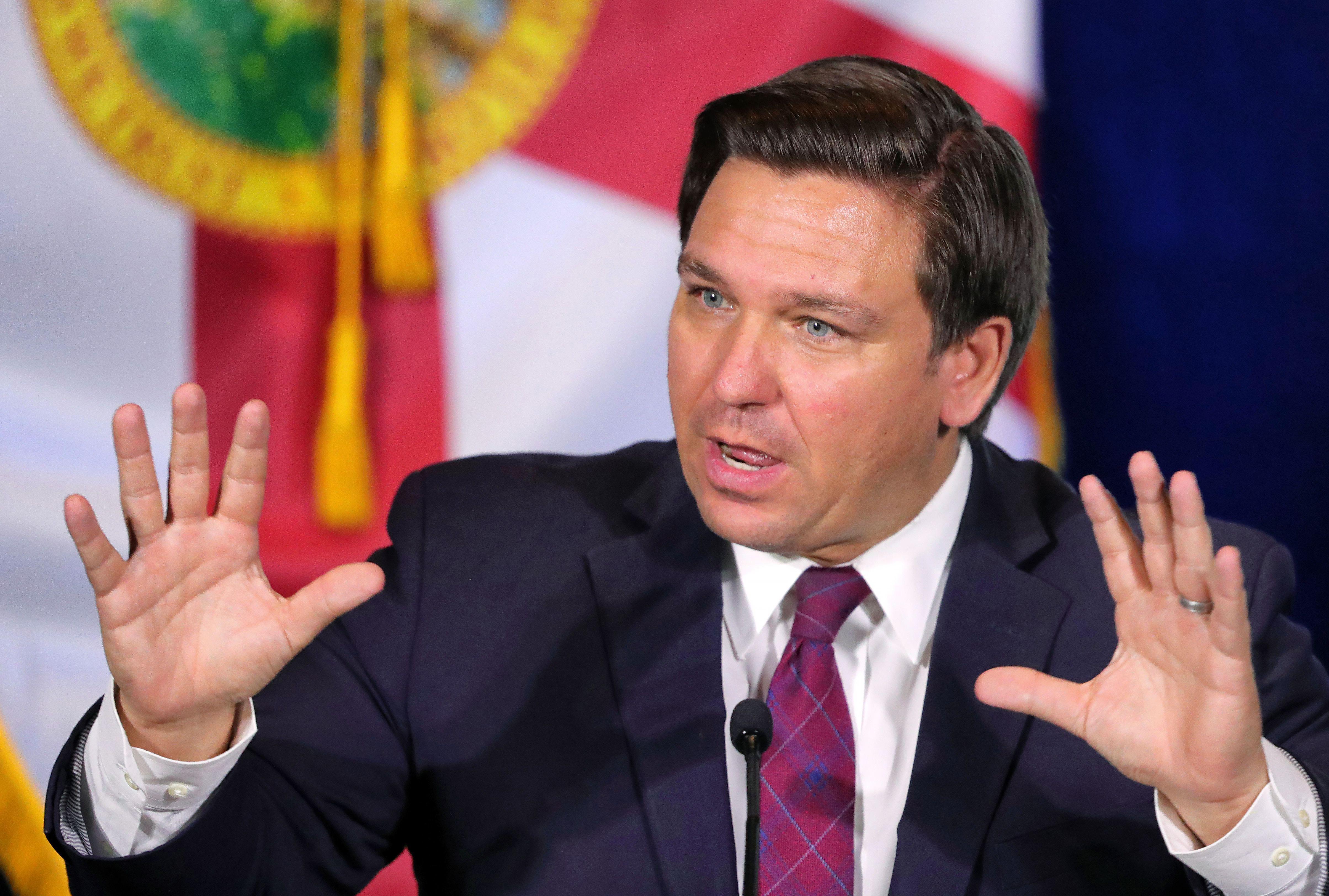 Governor Ron Desantis commented on the impact of safety protocols and the coronavirus epidemic during a roundtable discussion with theme park leaders on Wednesday, August 26, 2020.  (Via the Burbank / Orlando Sentinel / TNS Getty Images) 