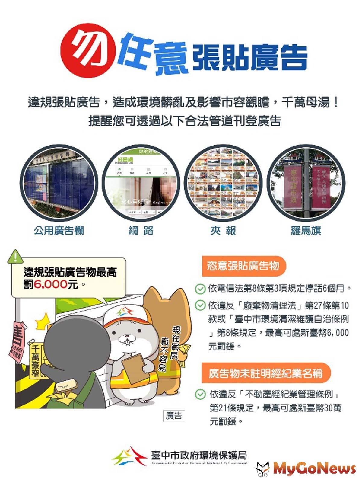 ▲台中房仲業者亂張貼廣告，中市府開罰6萬元(圖：台中市政府)