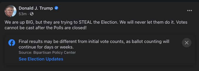 Facebook also labeled a post from Trump, but the language is more vague.