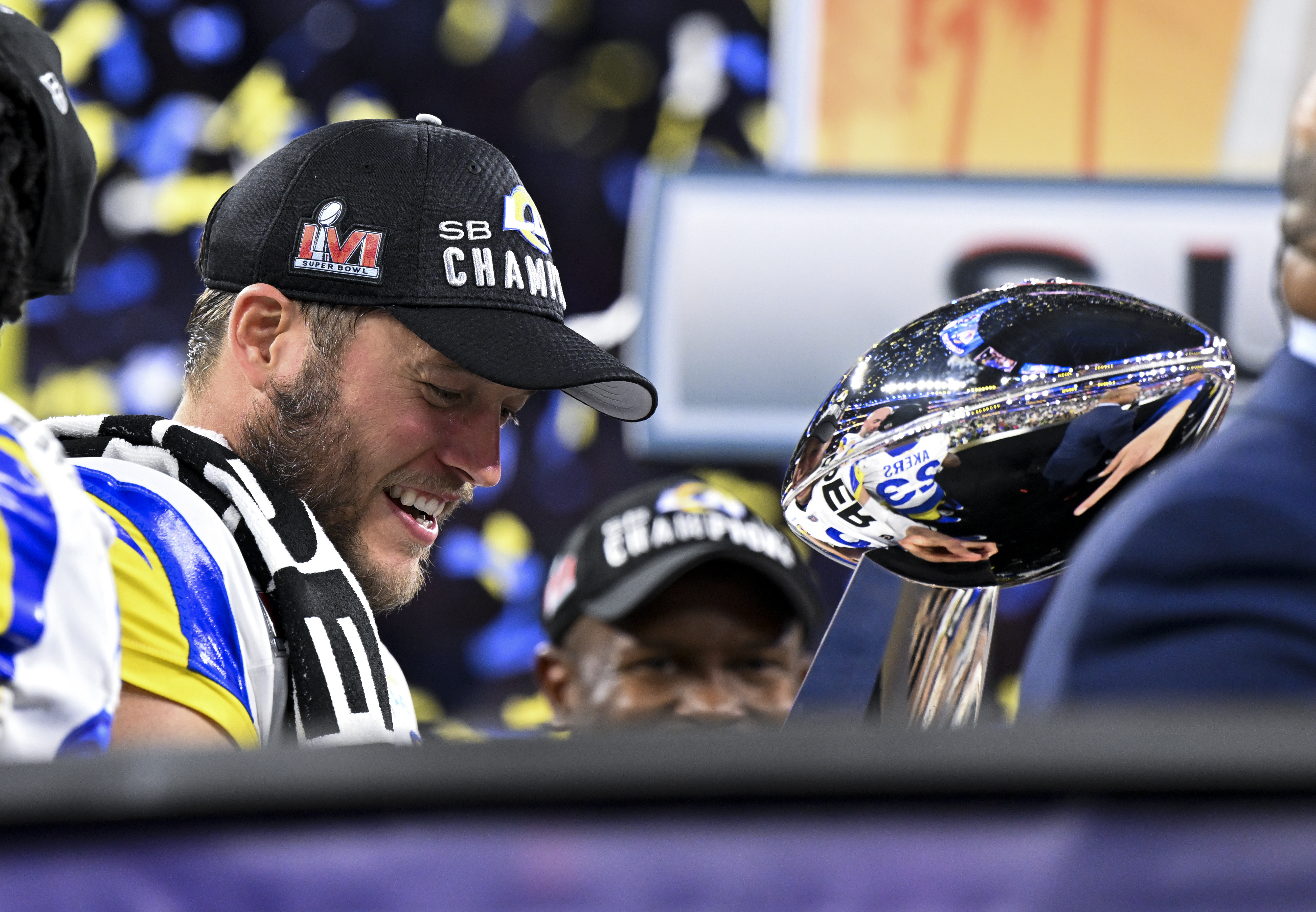 Inglewood, CA - February 13: Los Angeles Rams quarterback Matthew Stafford (9) holds onto the Lombardi Trophy after defeating the Cincinnati Bengals 23-20 in Super Bowl LVI at SoFi Stadium on Sunday, Feb. 13, 2022 in Inglewood, CA.(Wally Skalij / Los Angeles Times via Getty Images)
