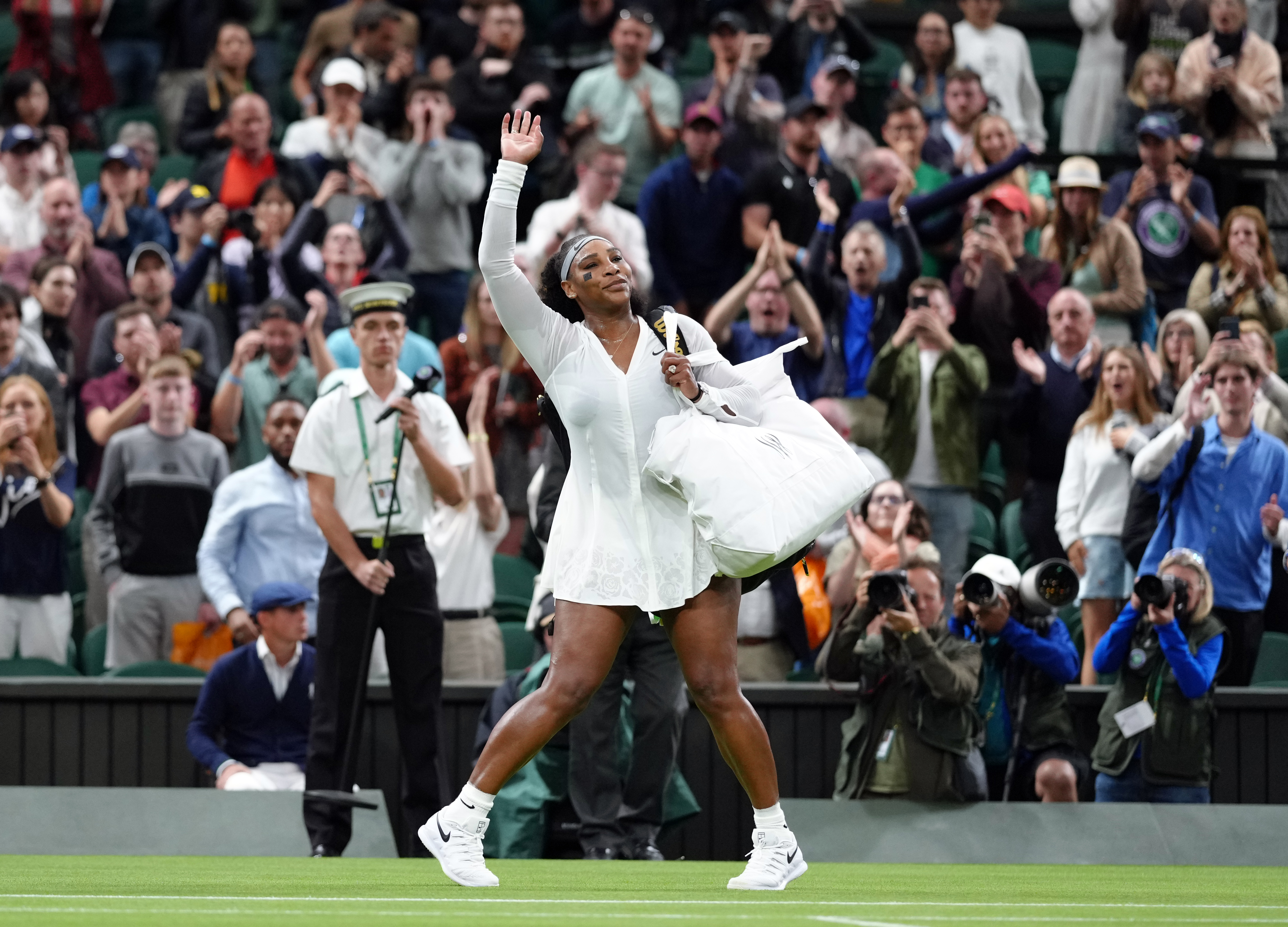 Serena Williams waves to the crowd after her defeat to Harmony Tan on day two of the 2022 Wimbledon Championships at the All England Lawn Tennis and Croquet Club, Wimbledon. Picture date: Tuesday June 28, 2022. (Photo by John Walton/PA Images via Getty Images)