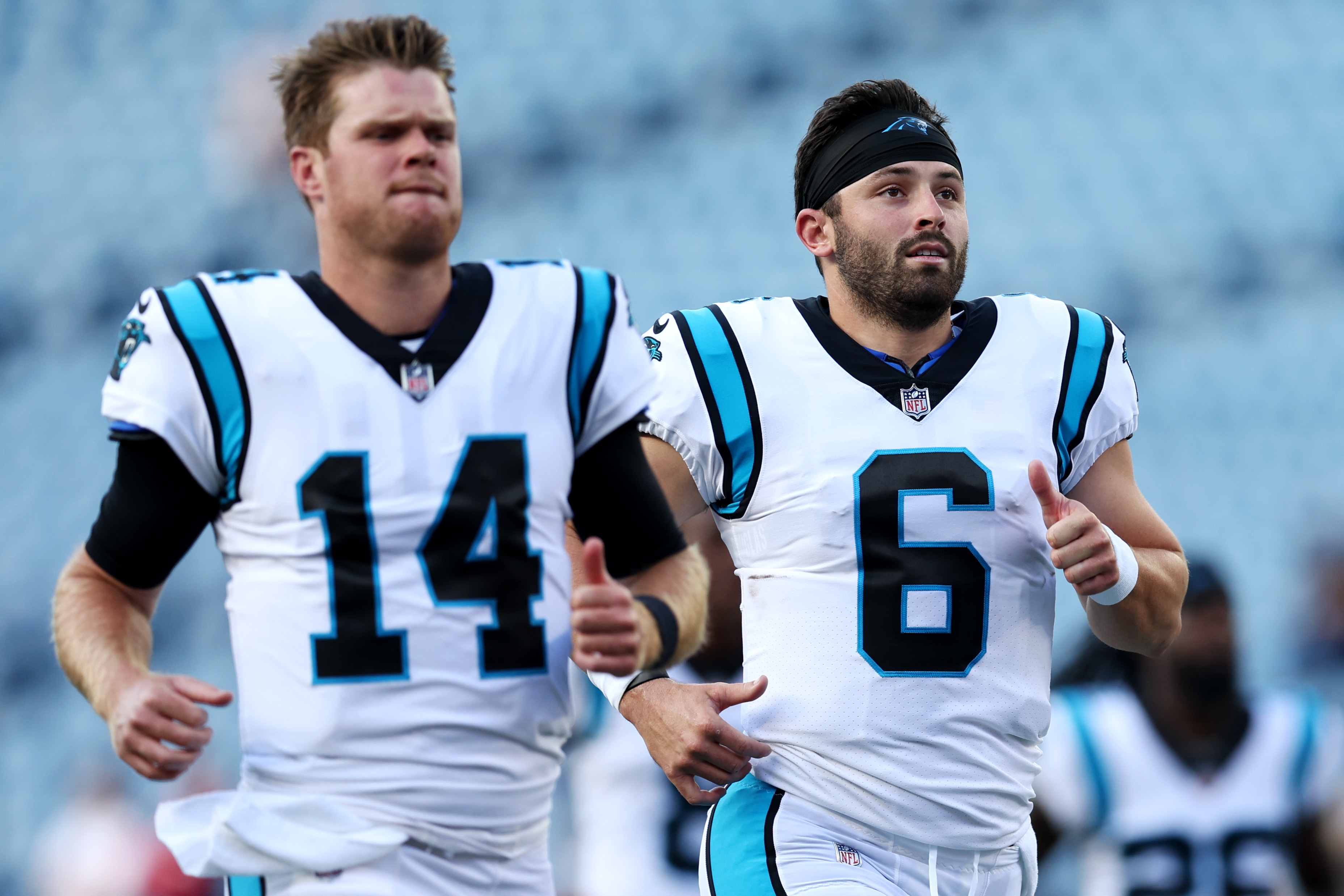 Sam Darnold and Baker Mayfield spent part of the 2022 season together with the Carolina Panthers. (Photo by Maddie Meyer/Getty Images)