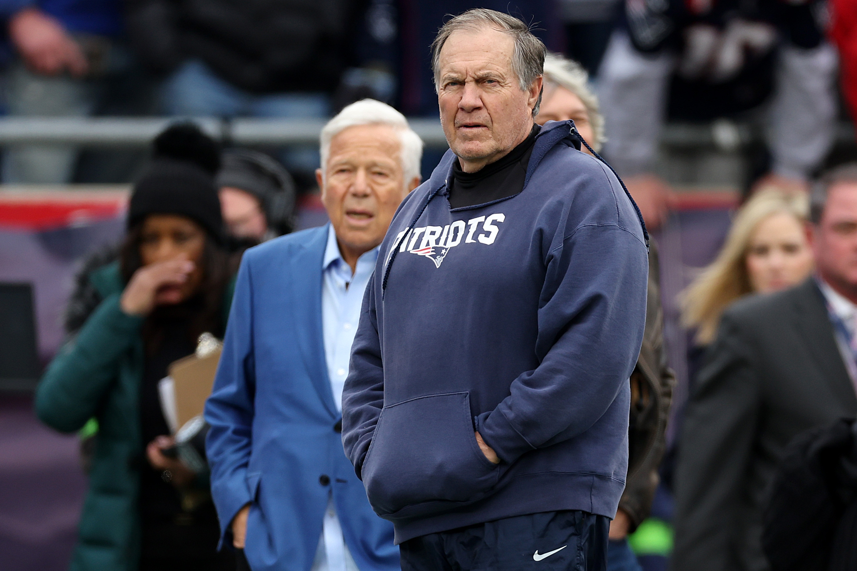 FOXBOROUGH, MASSACHUSETTS - DECEMBER 17: New England Patriots owner Robert Kraft and Head Coach Bill Belichick look on from the sideline before the game against the Kansas City Chiefs at Gillette Stadium on December 17, 2023 in Foxborough, Massachusetts. (Photo by Maddie Meyer/Getty Images)