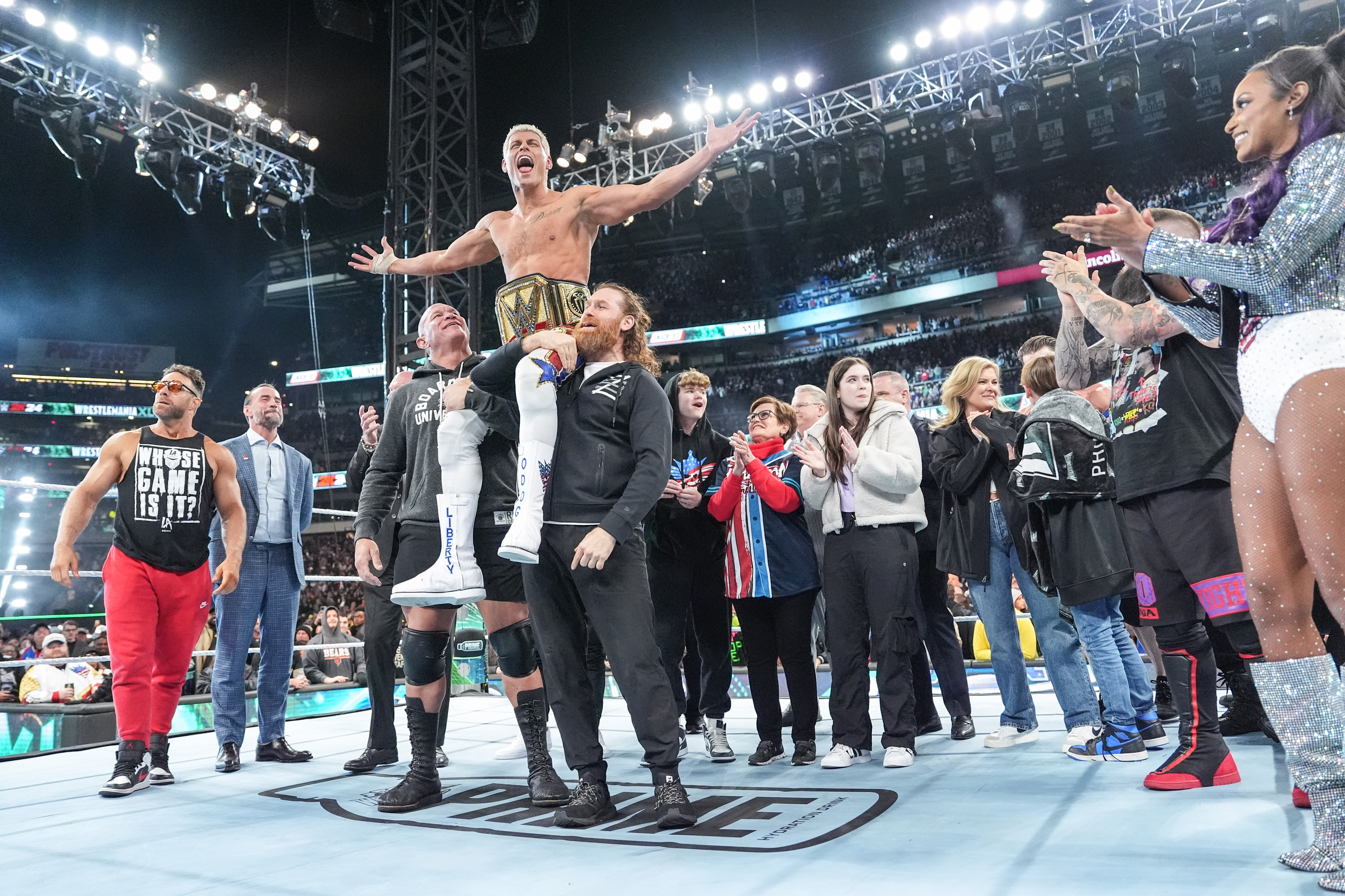 PHILADELPHIA, PENNSYLVANIA - APRIL 7: Cody Rhodes celebrates with Family and Friends during Night Two of WrestleMania 40 at Lincoln Financial Field on April 7, 2024 in Philadelphia, Pennsylvania. (Photo by WWE/Getty Images)