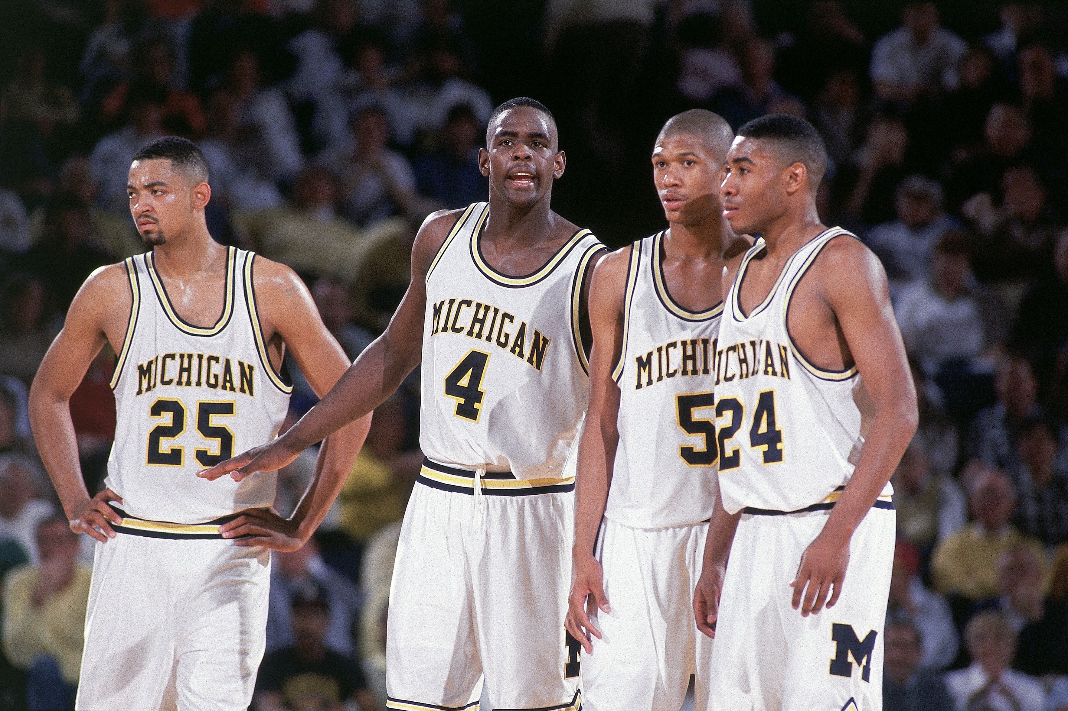 UNITED STATES - MARCH 08:  College Basketball: (L-R) Michigan Juwan Howard (25), Chris Webber (4), Jalen Rose (5), and Jimmy King (24) on court during game vs Indiana, Ann Arbor, MI 3/8/1992  (Photo by John Biever/Sports Illustrated via Getty Images)  (SetNumber: X42584 TK2 R6 F20)