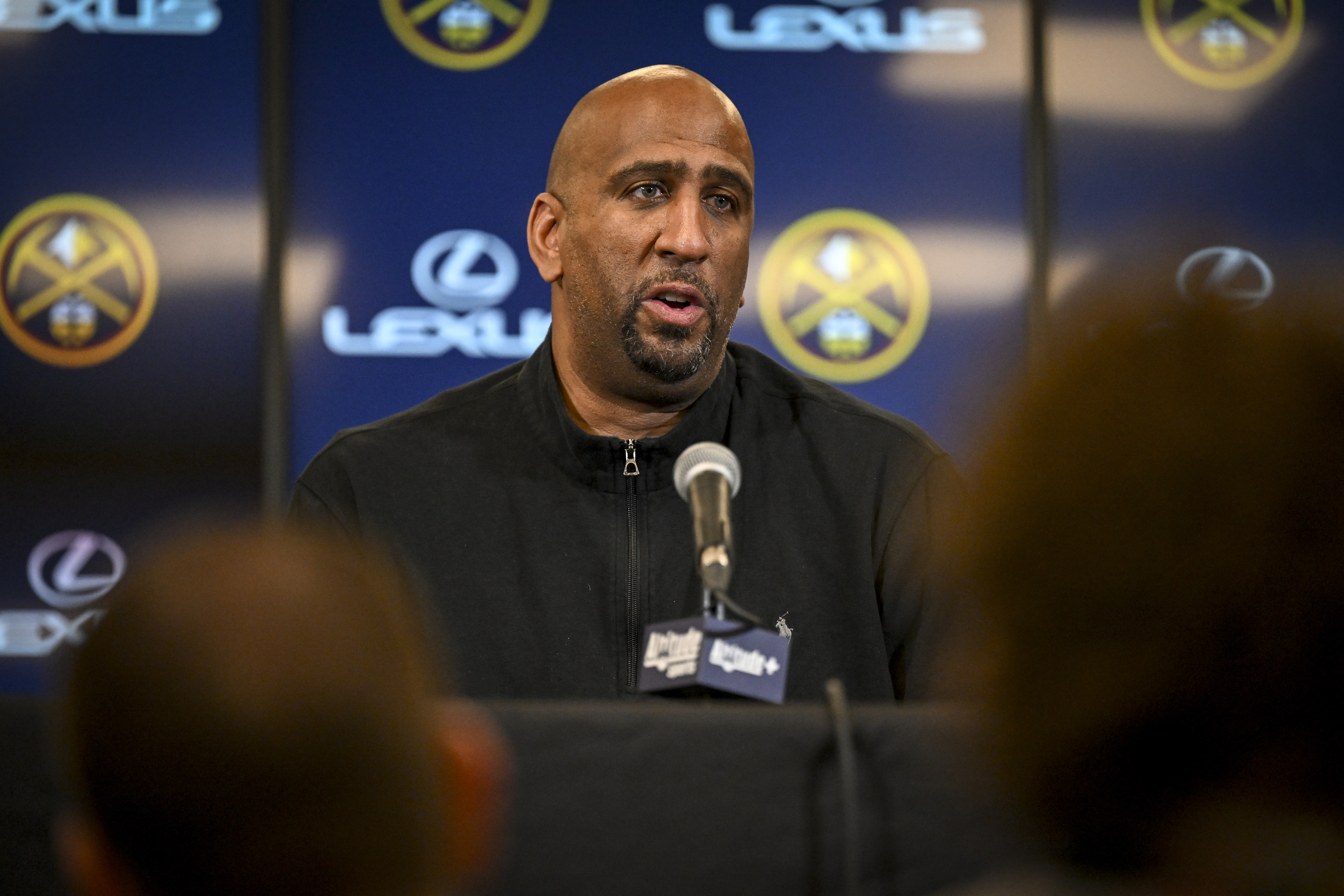 DENVER, CO - FEBRUARY 6: Denver Nuggets general manager Calvin Booth speaks to memebers of the media about the NBA trade deadline before the first quarter against the Orlando Magic at Ball Arena in Denver, Colorado on Thursday, February 6, 2025. (Photo by AAron Ontiveroz/The Denver Post)