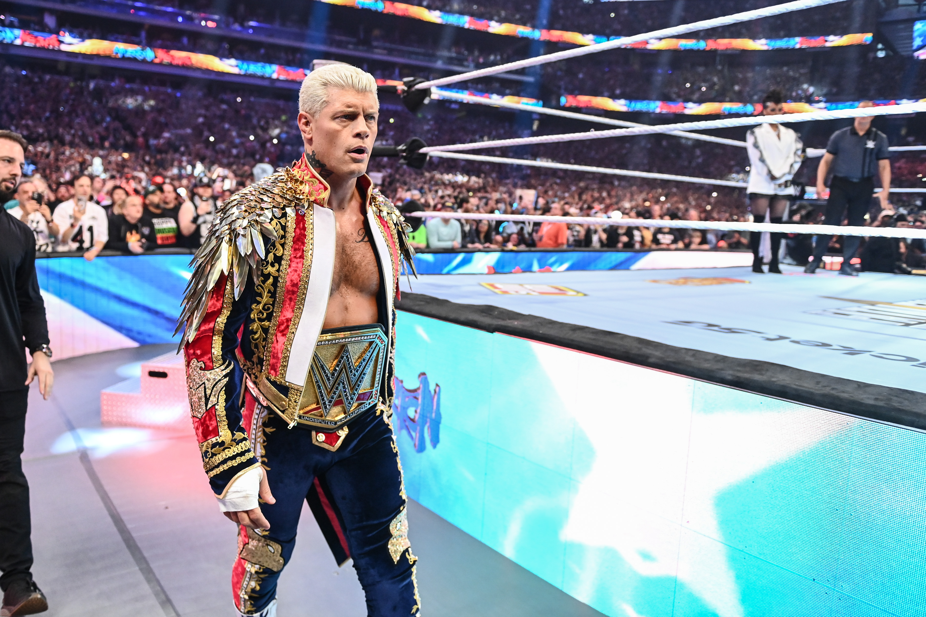 LAS VEGAS, NEVADA - APRIL 20: Cody Rhodes makes his entrance during WrestleMania 41 Sunday at Allegiant Stadium on April 20, 2025 in Las Vegas, Nevada. (Photo by Andrew Timms/WWE via Getty Images)