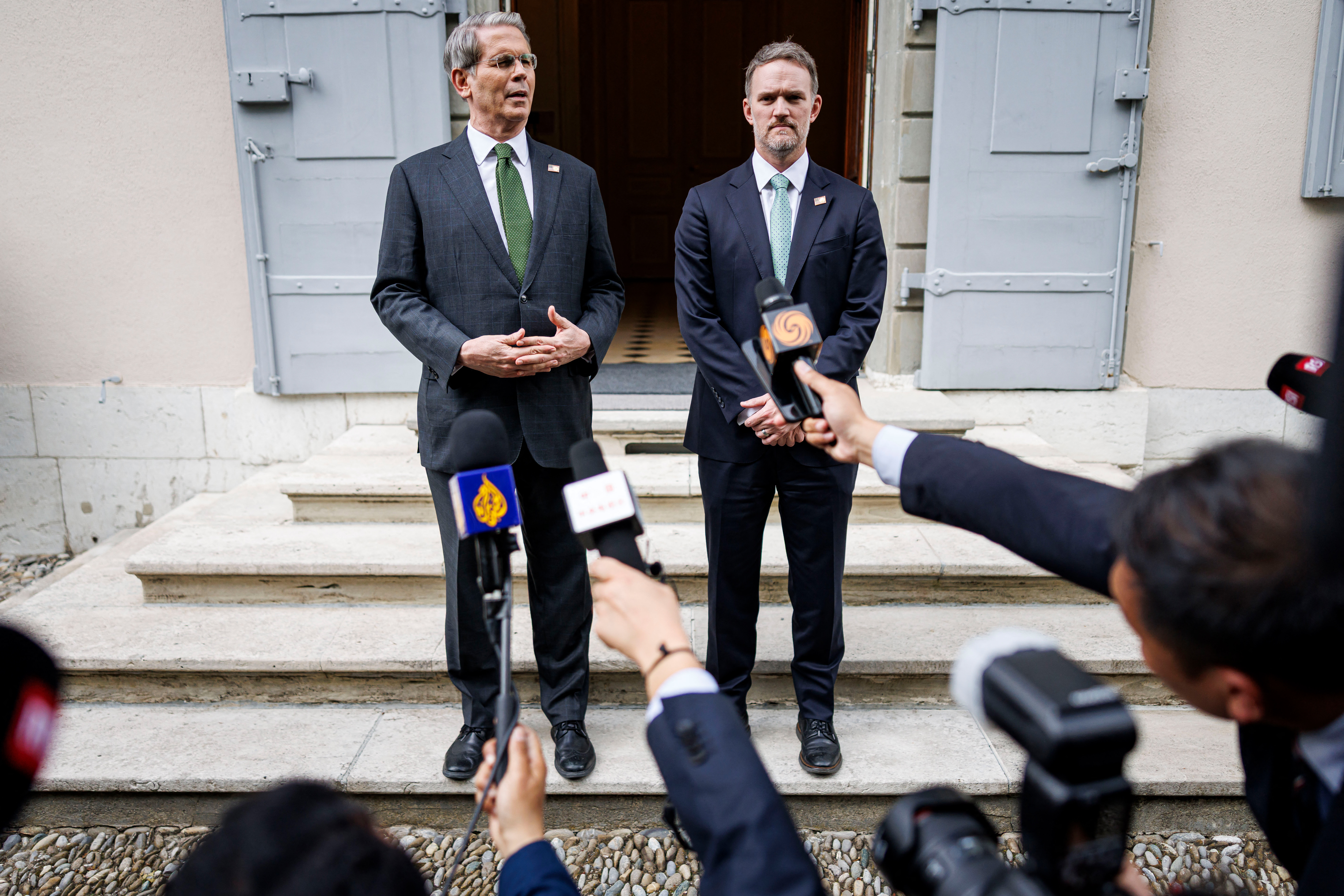 US Treasury Secretary Scott Bessent (L) and US Trade Representative Jamieson Greer speak to the media after talks between seniors US and Chinese officials on tariffs at the residence of the permanent Swiss ambassador to the United Nations in Geneva on May 11, 2025. US officials voiced optimism on May 11, at the end of a weekend of trade talks with China aimed to de-escalate trade tensions sparked by President Donald Trump's aggressive tariff rollout. (Photo by VALENTIN FLAURAUD / AFP) (Photo by VALENTIN FLAURAUD/AFP via Getty Images)          