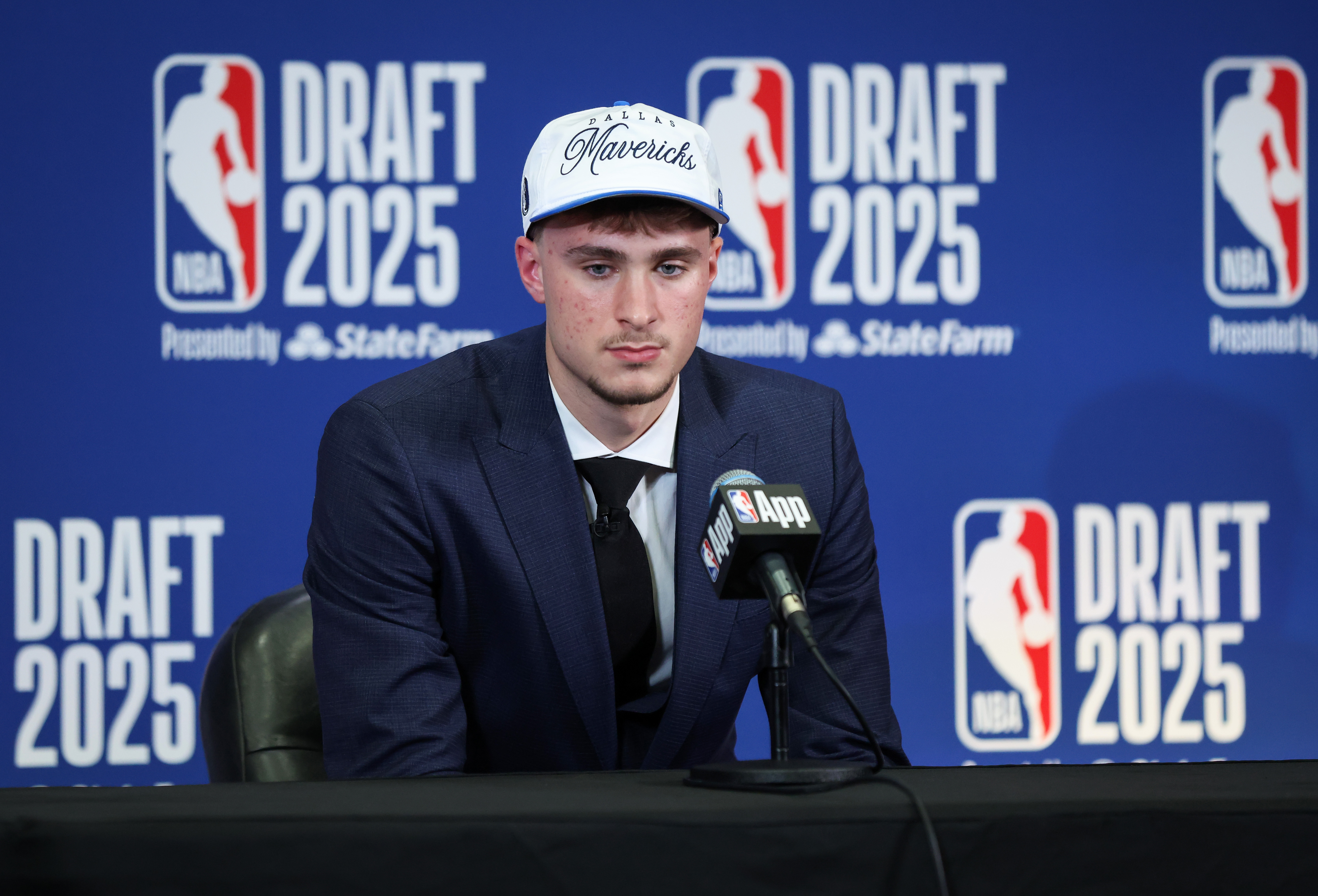 NEW YORK, NEW YORK - JUNE 25: Cooper Flagg of the Dallas Mavericks speaks to the media after being drafted first overall during the 2025 NBA Draft at Barclays Center on June 25, 2025 in the Brooklyn borough of New York City.  NOTE TO USER: User expressly acknowledges and agrees that, by downloading and or using this photograph, User is consenting to the terms and conditions of the Getty Images License Agreement. (Photo by Mike Lawrie/Getty Images)