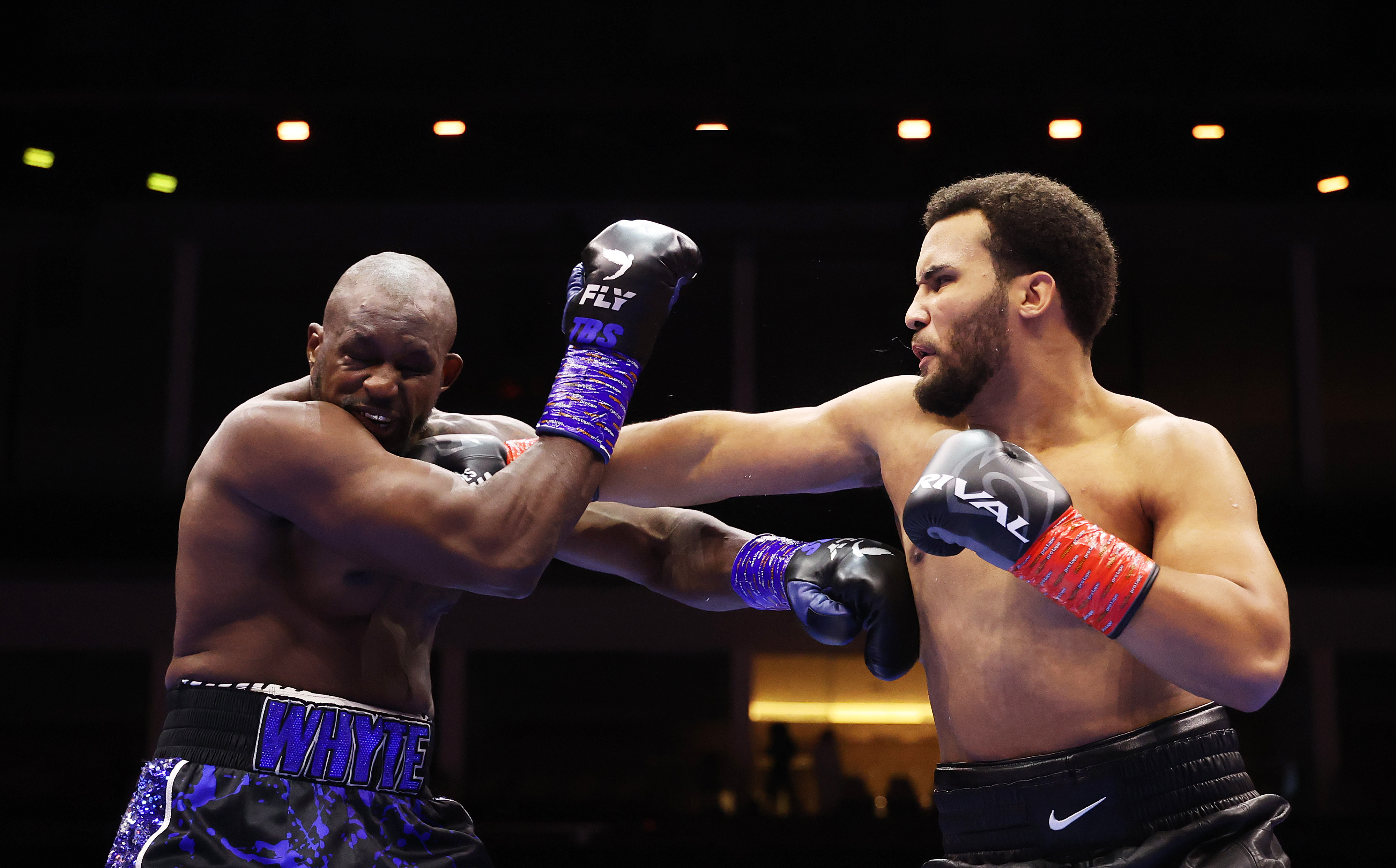 RIYADH, SAUDI ARABIA - AUGUST 16: Moses Itauma punches Dillian Whyte during the WBO Inter-Continental Heavyweight title fight between Moses Itauma and Dillian Whyte on the ESports World Cup fight night at the ANB arena on August 16, 2025 in Riyadh, .  (Photo by Richard Pelham/Getty Images)