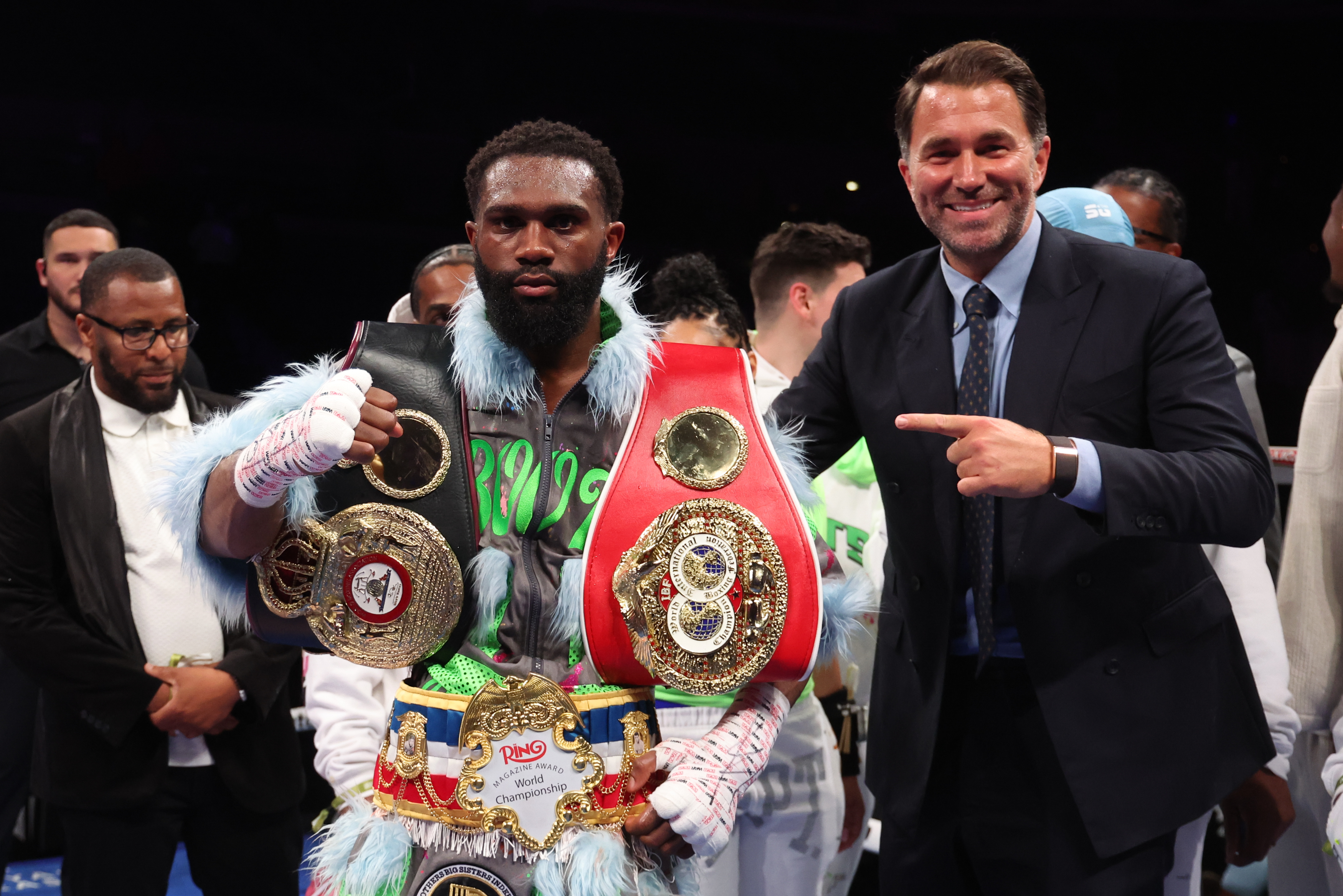 ATLANTIC CITY, NEW JERSEY - APRIL 12: Jaron Ennis celebrates his win over Eimantas Stanionis to capture the IBF, WBA and Ring Magazine welterweight titles at Jim Whelan Boardwalk Hall on April 12, 2025 in Atlantic City, New Jersey. (Photo by Ed Mulholland/Getty Images)