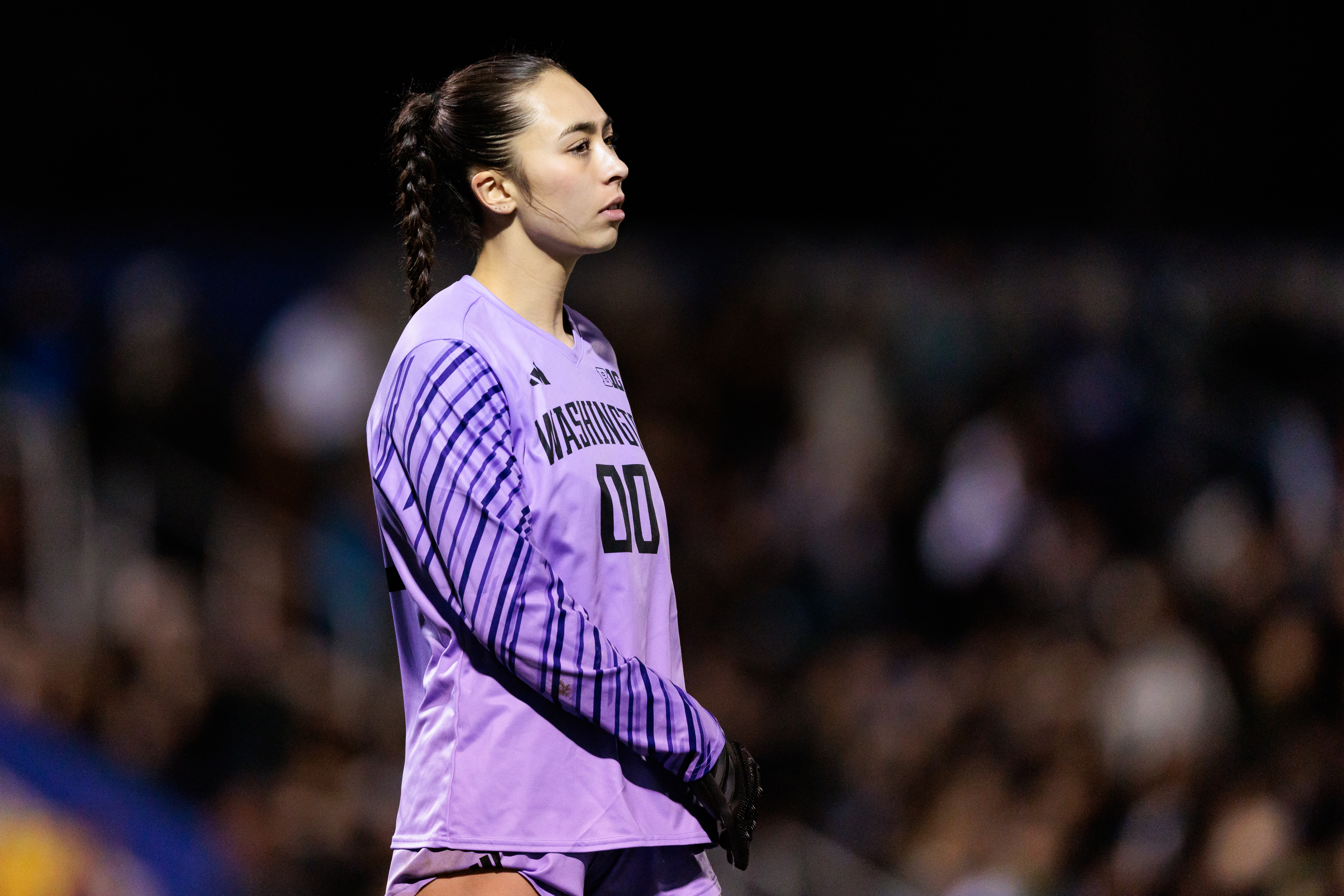 SEATTLE, WASHINGTON - MARCH 08: Mia Hamant #00 of the Washington Huskies looks on during the second half against the Seattle Reign at Husky Soccer Stadium on March 08, 2025 in Seattle, Washington. (Photo by Caean Couto/Getty Images)