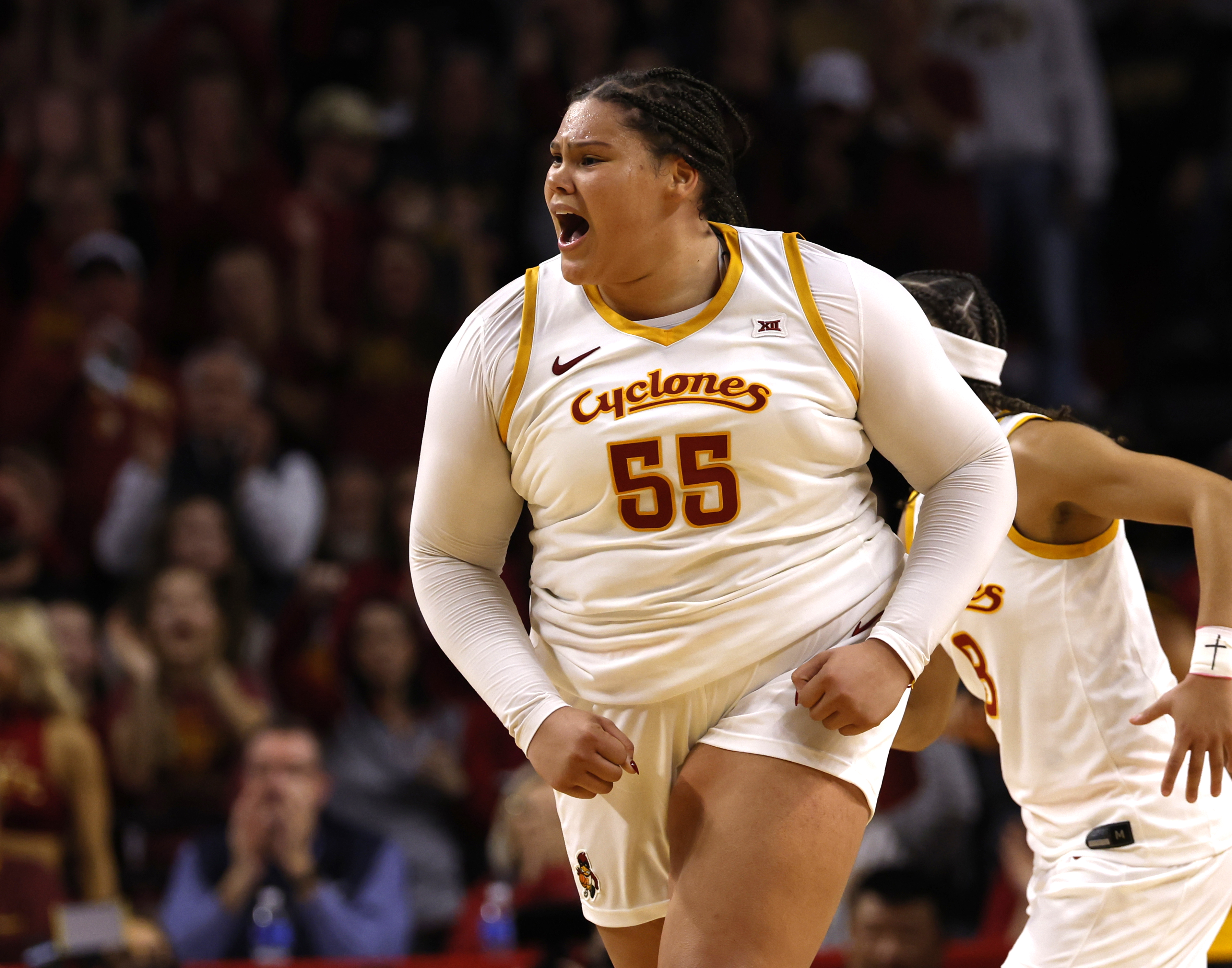 AMES, IOWA - DECEMBER 10: Audi Crooks #55 of the Iowa State Cyclones reacts after scoring a basket in the second half of play against the Iowa Hawkeyes at Hilton Coliseum on December 10, 2025, in Ames, Iowa. Iowa State won 74-69. (Photo by David Purdy/Getty Images)