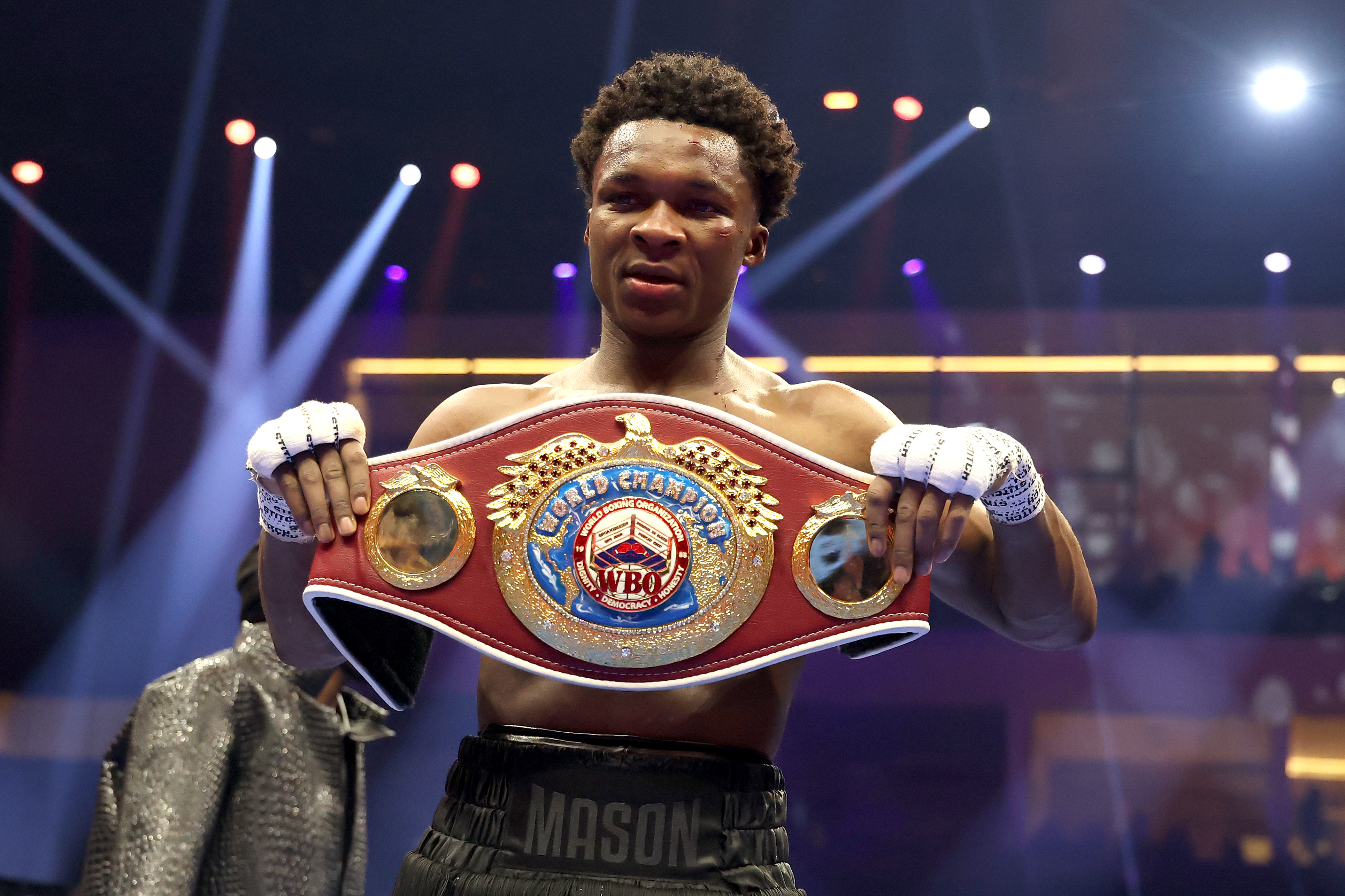 RIYADH, SAUDI ARABIA - NOVEMBER 22: Abdullah Mason poses after defeating Sam Noakes by unanimous decision in a WBO lightweight title fight during Ring IV: Night of the Champions at ANB Arena on November 22, 2025 in Riyadh, Saudi Arabia.  (Photo by Richard Pelham/Getty Images)