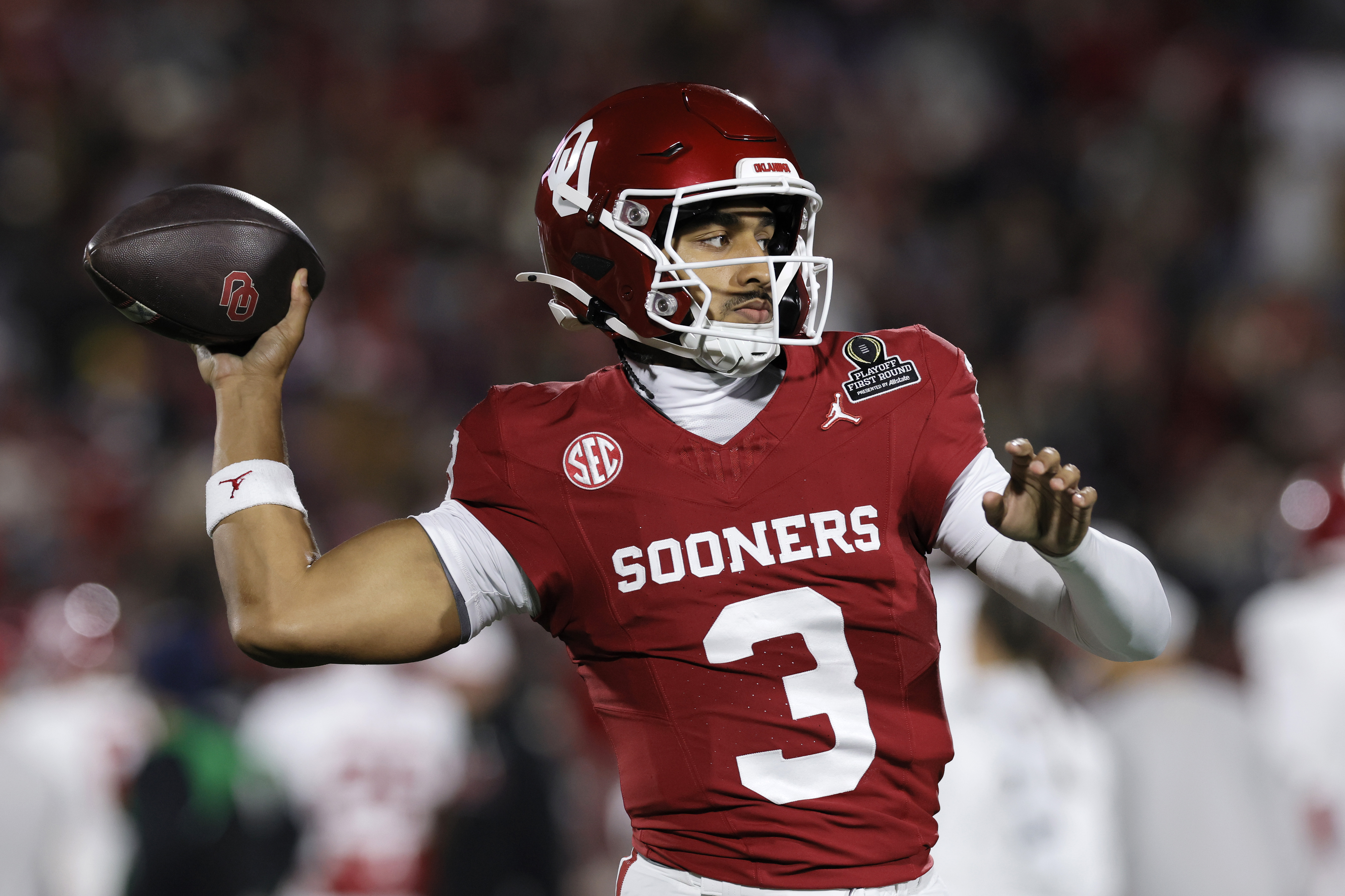 NORMAN, OKLAHOMA - DECEMBER 19: Michael Hawkins Jr. #3 of the Oklahoma Sooners warms up prior to the game against the Alabama Crimson Tide during 2025 College Football Playoff First Round Game at Gaylord Family Oklahoma Memorial Stadium on December 19, 2025 in Norman, Oklahoma.  (Photo by Brian Bahr/Getty Images)