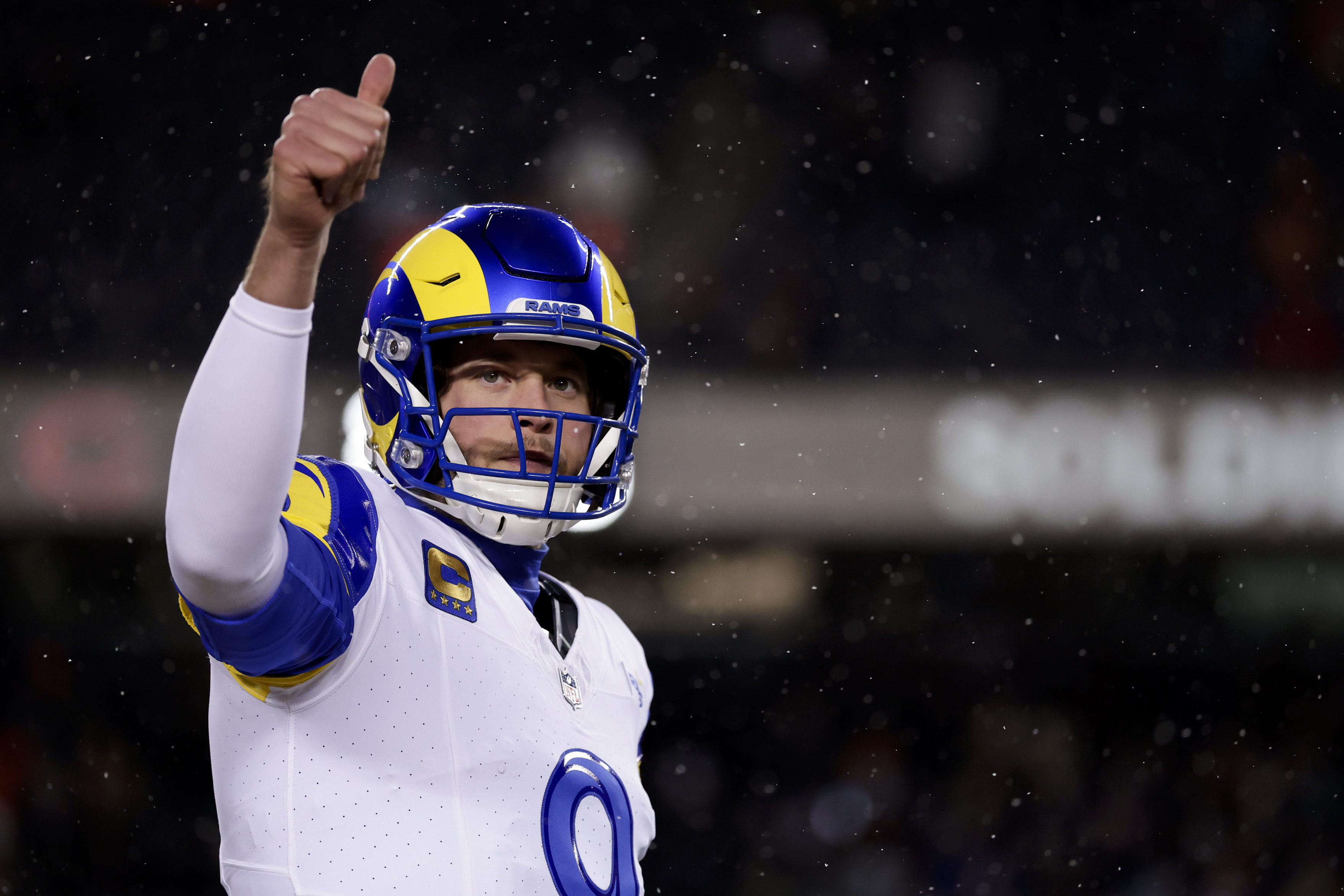 Matthew Stafford of the Los Angeles Rams won his first MVP award in his 17th NFL season. (Photo by Kara Durrette/Getty Images)