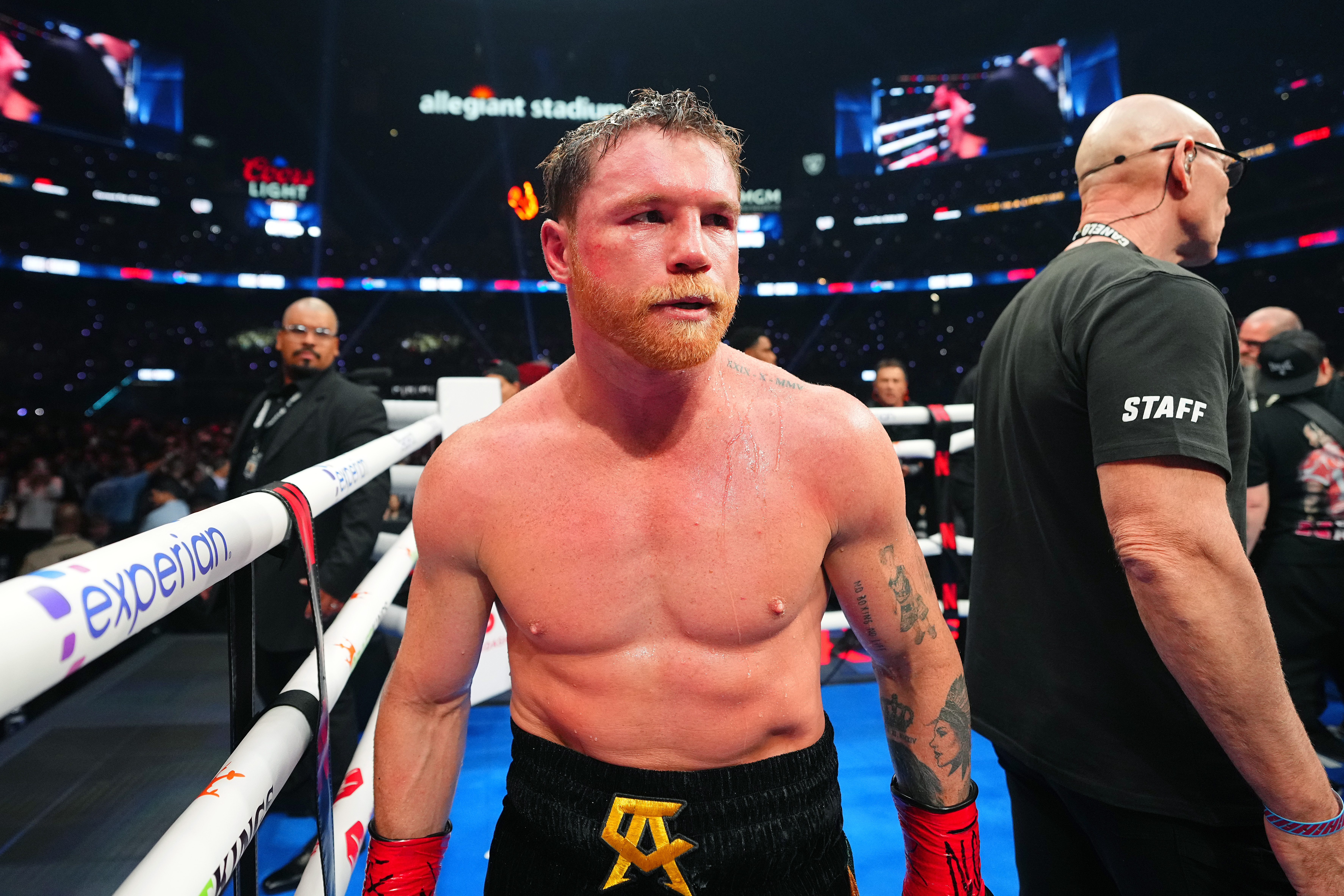 LAS VEGAS, NEVADA - SEPTEMBER 13: Canelo Alvarez reacts after being defeated by Terence Crawford for the Undisputed & Ring Magazine Super Middleweight Championship at Allegiant Stadium on September 13, 2025 in Las Vegas, Nevada. (Photo by Chris Unger/TKO Worldwide LLC via Getty Images)