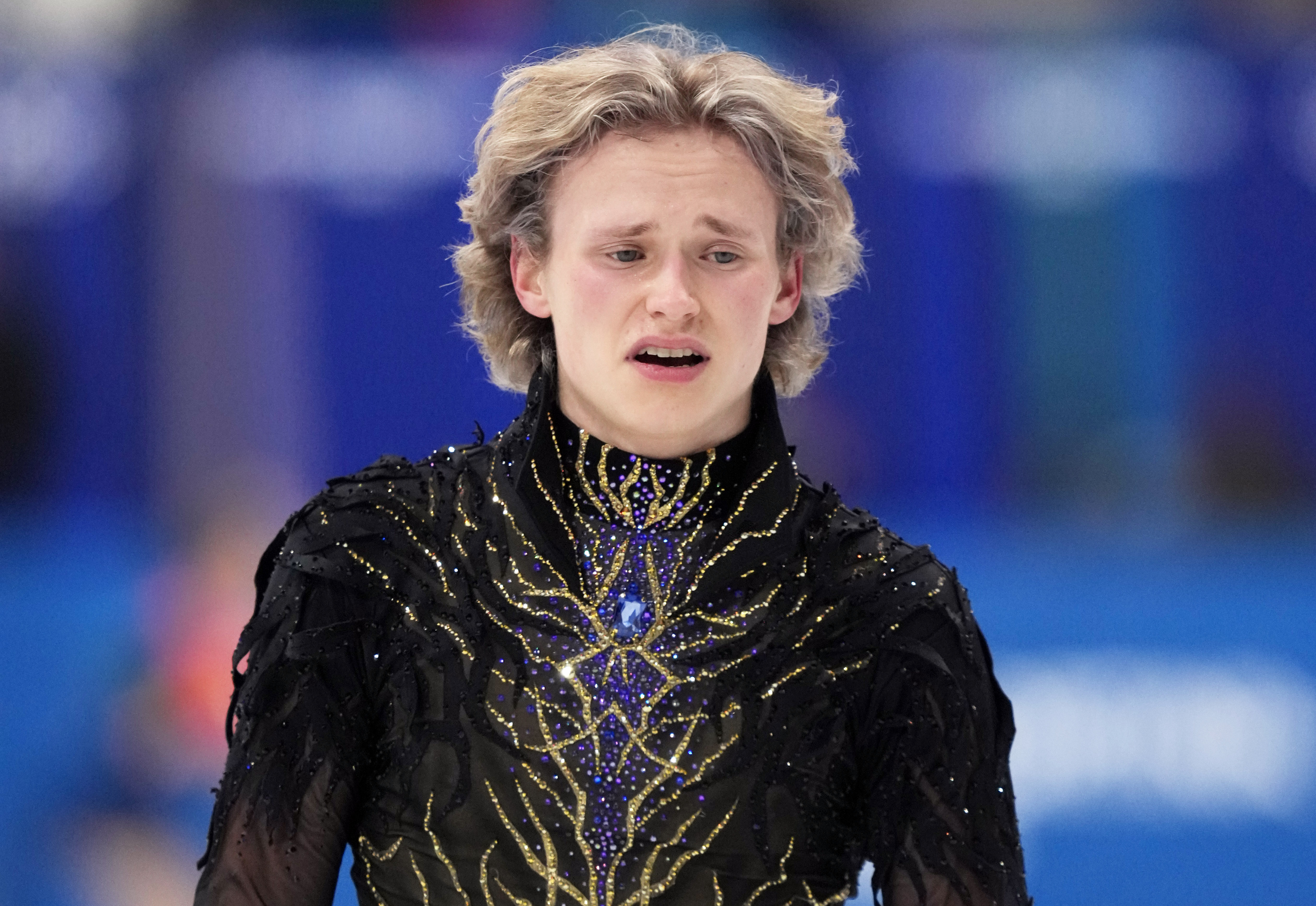 Feb 13, 2026; Milan, Italy; Ilia Malinin of the United States of America reacts after competing in the men’s singles free program during the Milano Cortina 2026 Olympic Winter Games at Milano Ice Skating Arena. Mandatory Credit: James Lang-Imagn Images