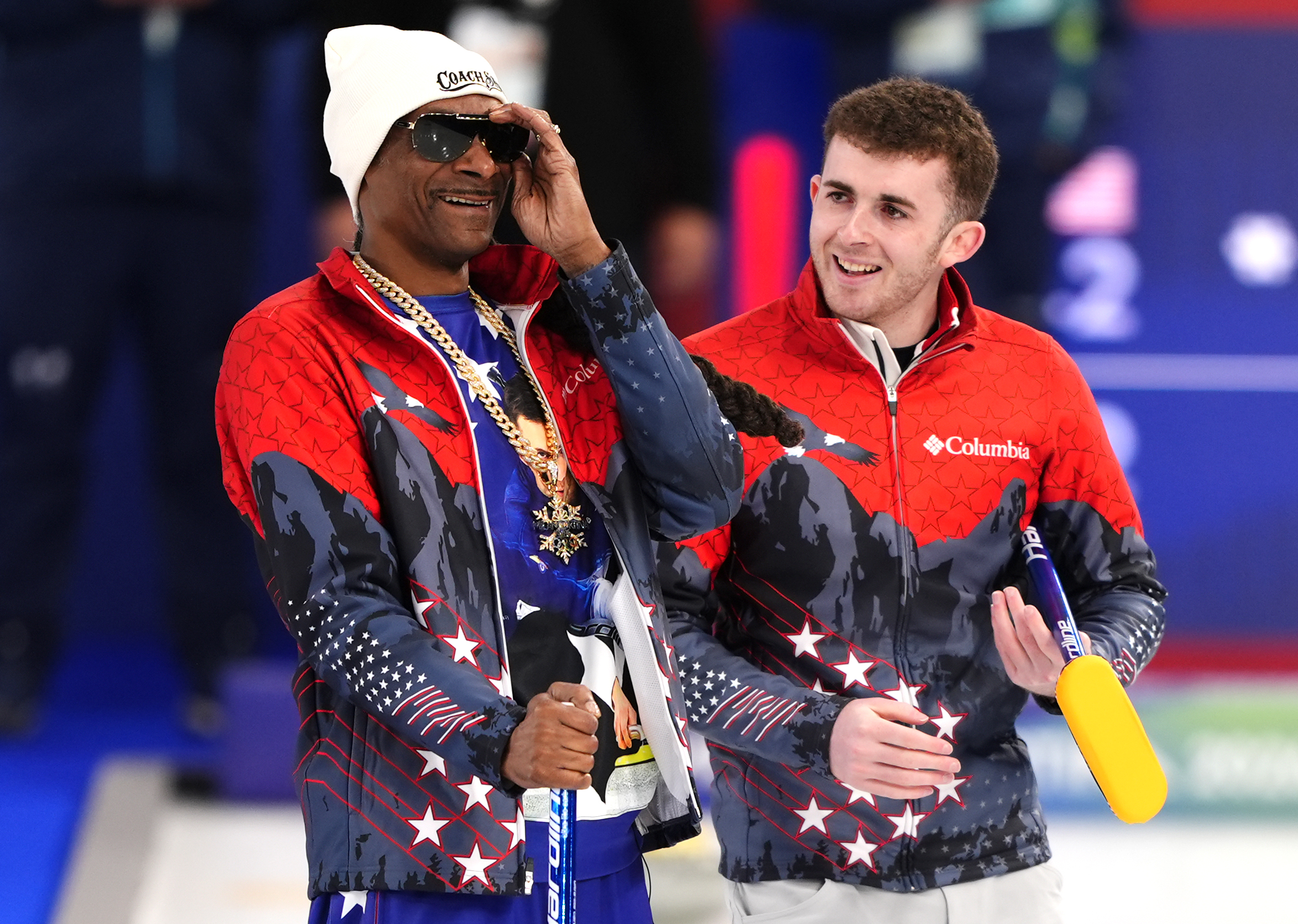 American rapper Snoop Dogg (left) with USA's Daniel Casper at the Cortina Curling Olympic Stadium, Italy. Picture date: Friday February 6, 2026. (Photo by Andrew Milligan/PA Images via Getty Images)