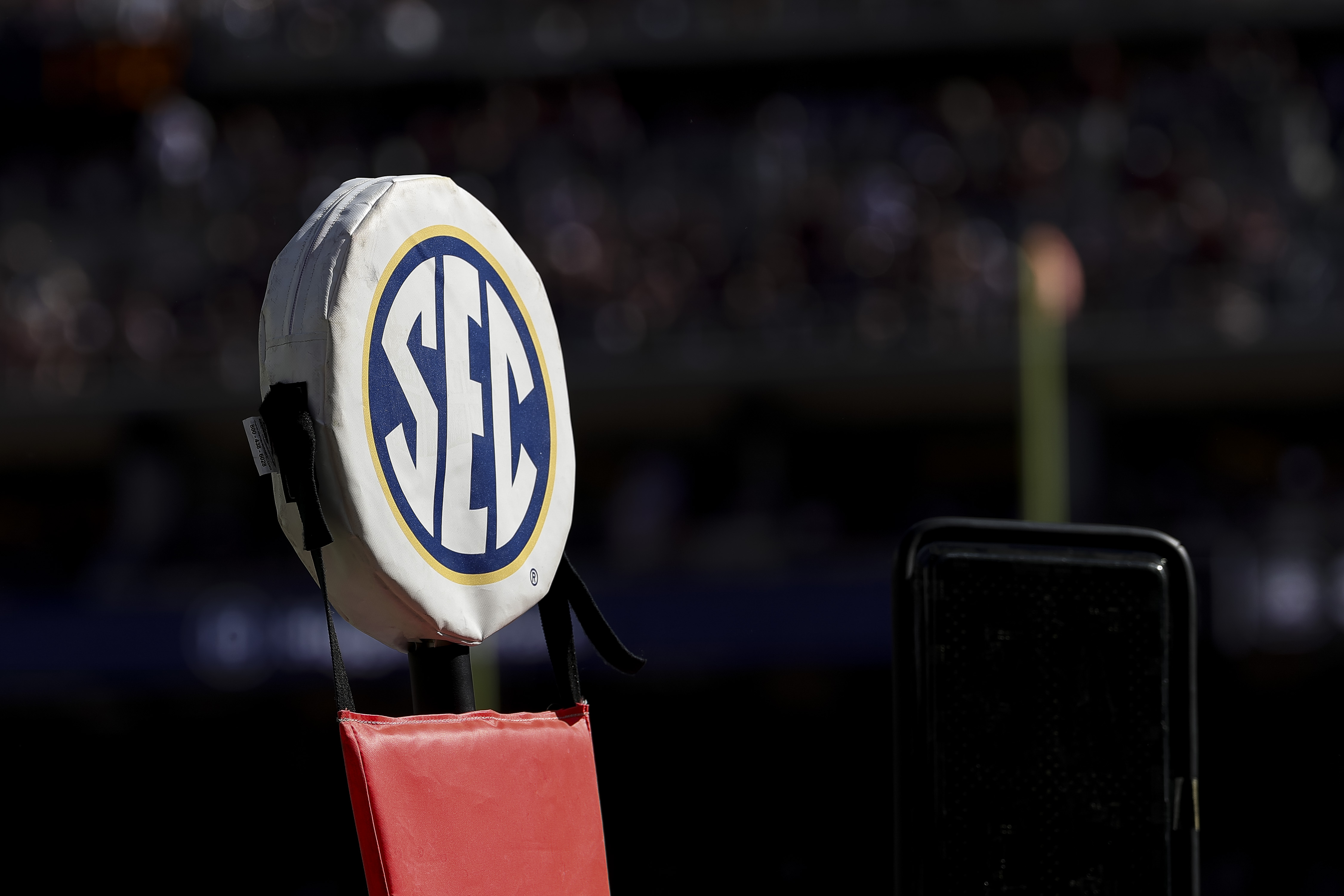 COLLEGE STATION, TEXAS - NOVEMBER 15: A general view of the SEC logo on a yardage marker during the game between the Texas A&M Aggies and the South Carolina Gamecocks at Kyle Field on November 15, 2025 in College Station, Texas. (Photo by Maria Lysaker/Getty Images)