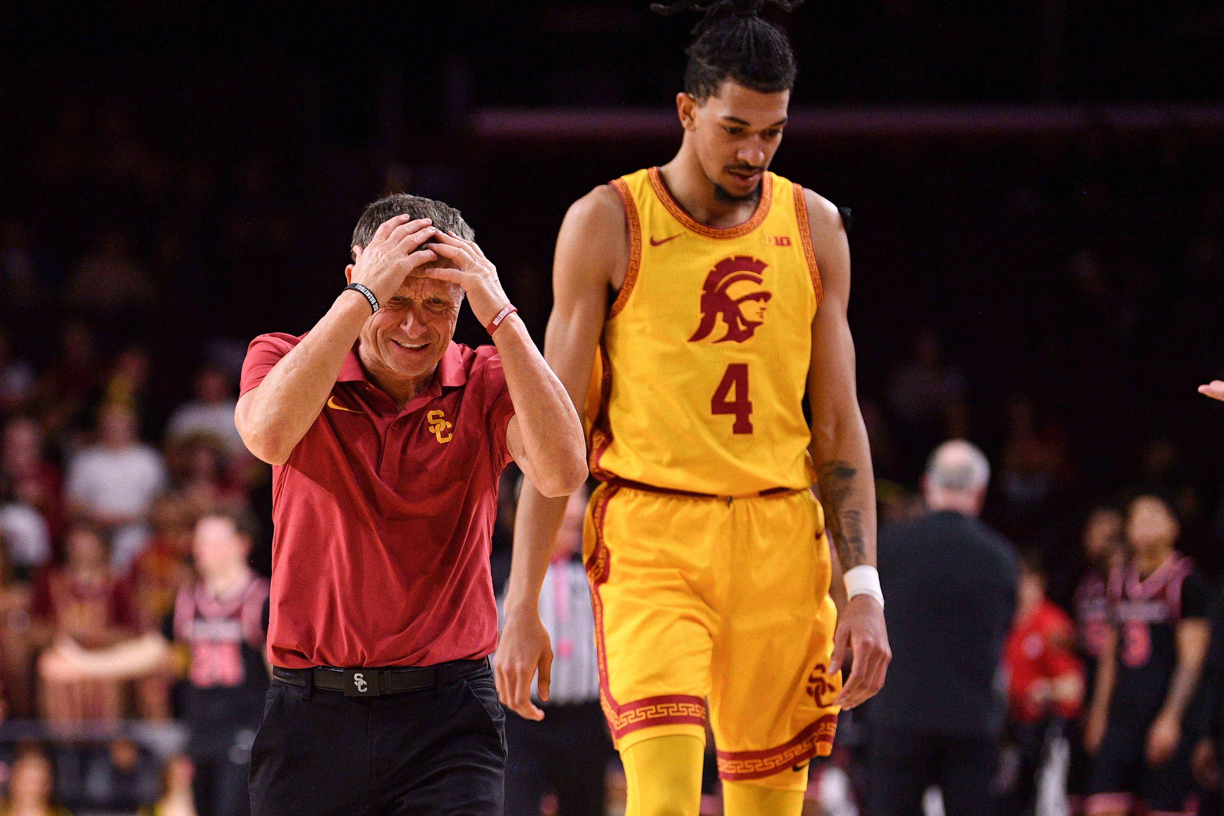 LOS ANGELES, CA - JANUARY 31: USC Trojans head coach Eric Musselman reacts after a play as USC Trojans guard Chad Baker-Mazara (4) looks on during the college basketball game between the Rutgers Scarlet Knights and the USC Trojans on January 31, 2026 at the Galen Center in Los Angeles, CA. (Photo by Brian Rothmuller/Icon Sportswire via Getty Images)