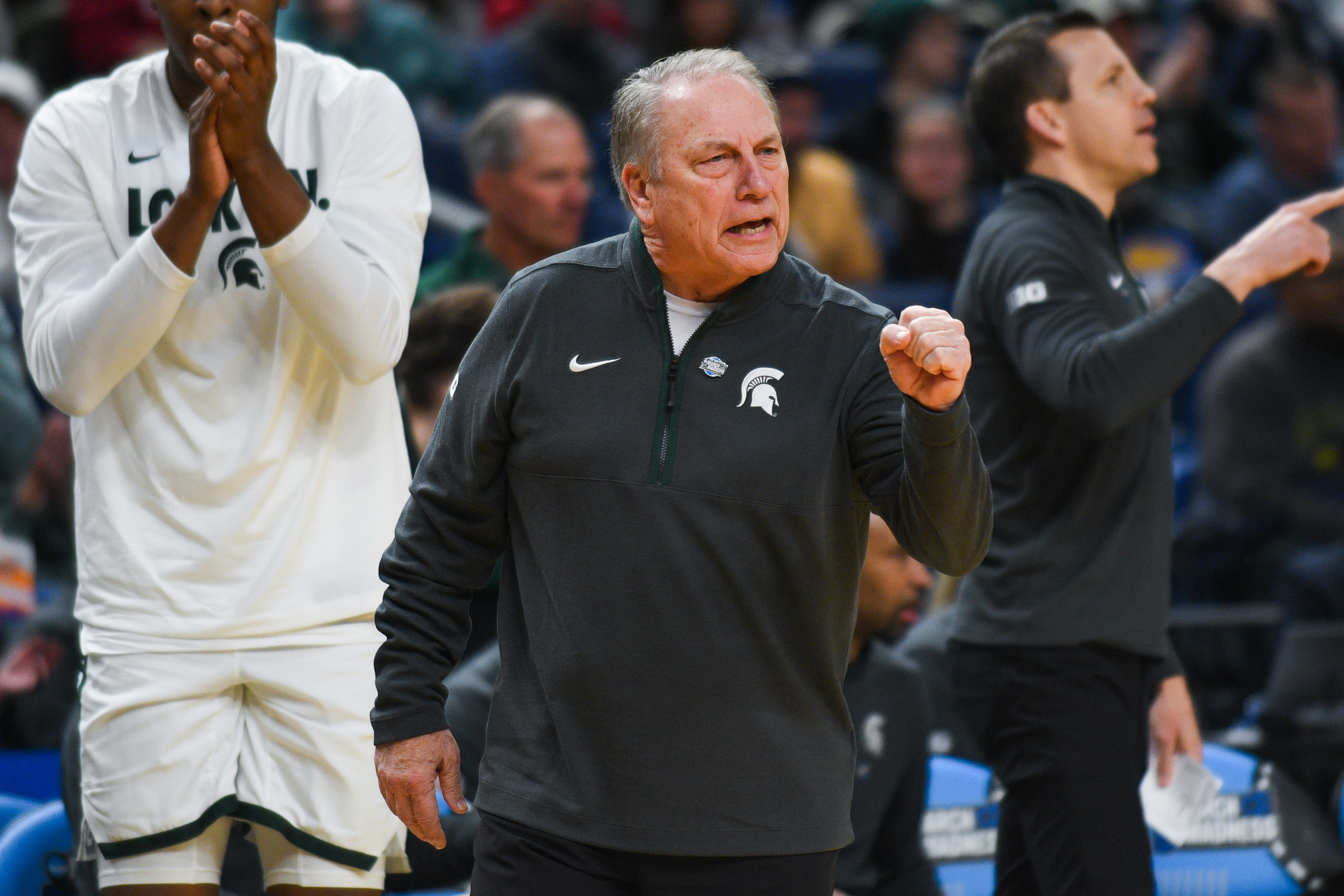 BUFFALO, NEW YORK - MARCH 19: Head Basketball Coach Tom Izzo of the Michigan State Spartans reacts to a call during the first half of a 2026 NCAA Men's Basketball Tournament first round game against the North Dakota State Bison at KeyBank Center on March 19, 2026 in Buffalo, New York. (Photo by Aaron J. Thornton/Getty Images)