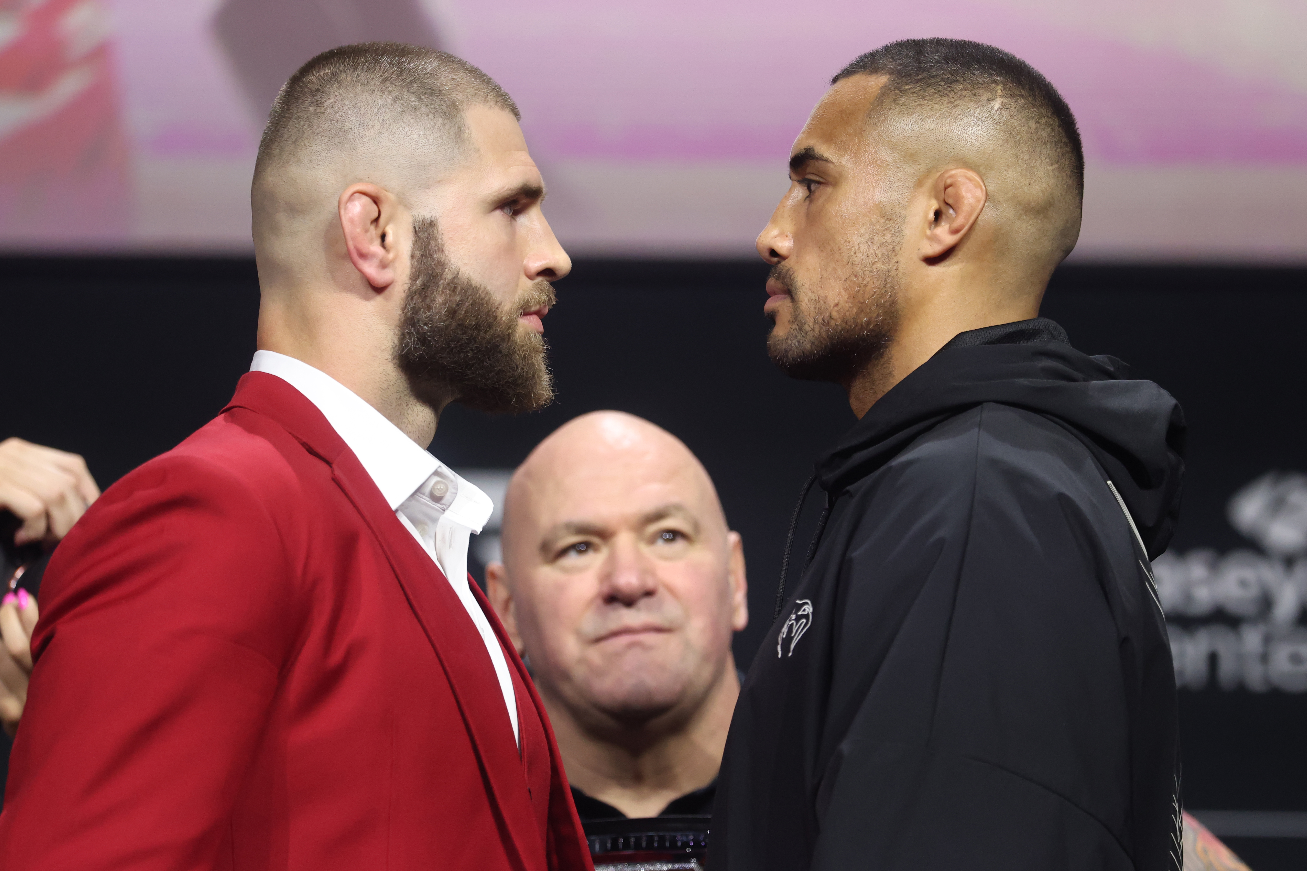 MIAMI, FLORIDA - APRIL 09: (L-R) Opponents Jiri Prochazka of the Czech Republic and Carlos Ulberg of New Zealand face off during the UFC 327 press conference at Kaseya Center on April 09, 2026 in Miami, Florida. (Photo by Ed Mulholland/Zuffa LLC)
