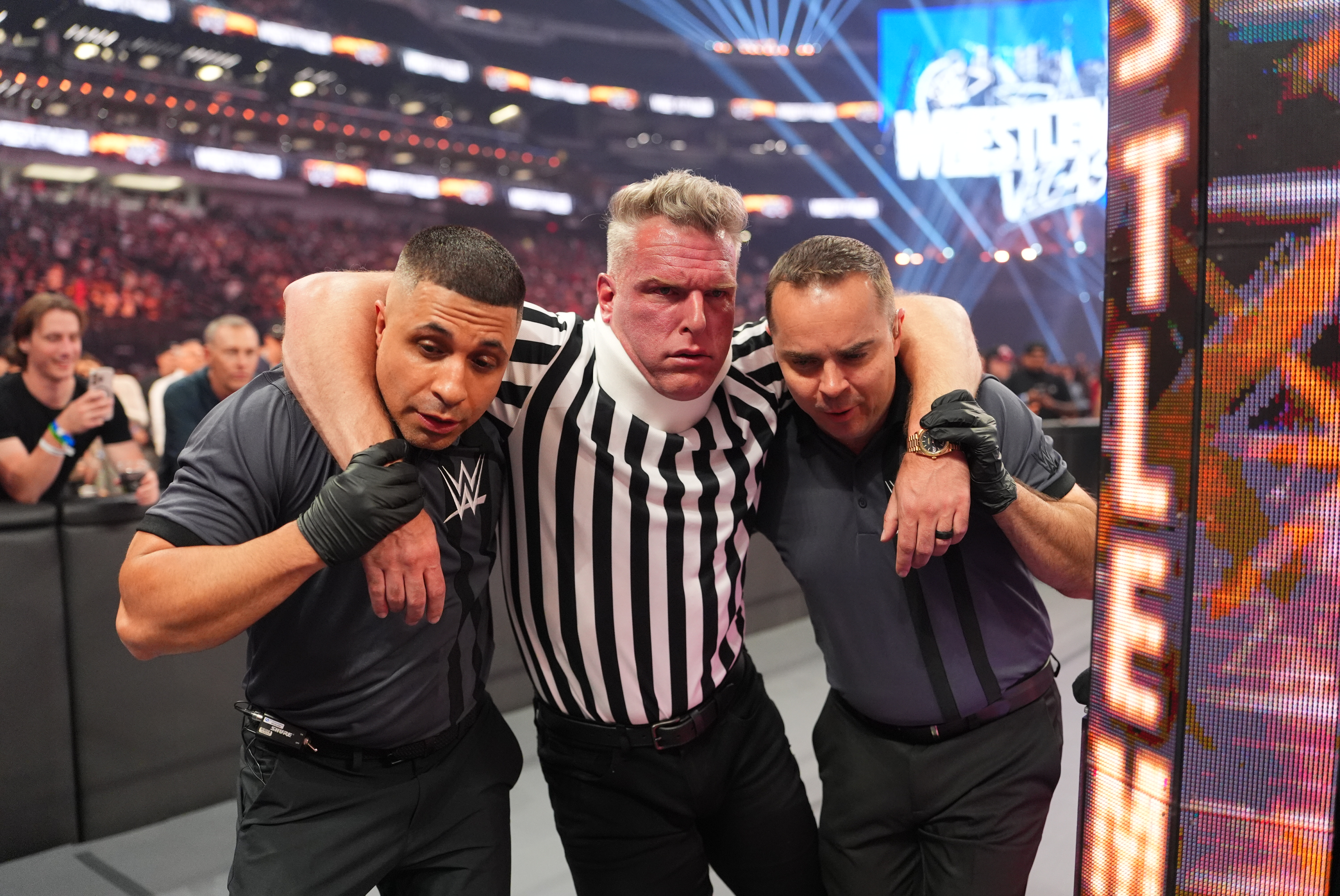 LAS VEGAS, NEVADA - APRIL 18: WWE Referees carry Pat McAfee after receiving and RKO during WrestleMania 42: Night 1 at Allegiant Stadium on April 18, 2026 in Las Vegas, Nevada. (Photo by Rich Freeda/WWE via Getty Images)