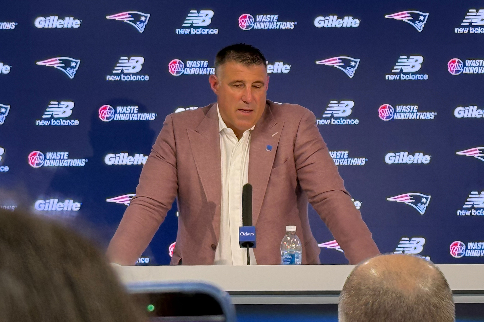New England Patriots coach Mike Vrabel speaks at the team facility in Foxborough, Mass., prior to the start of the NFL football draft on Thursday, April 23, 2026. (AP Photo/Kyle Hightower)