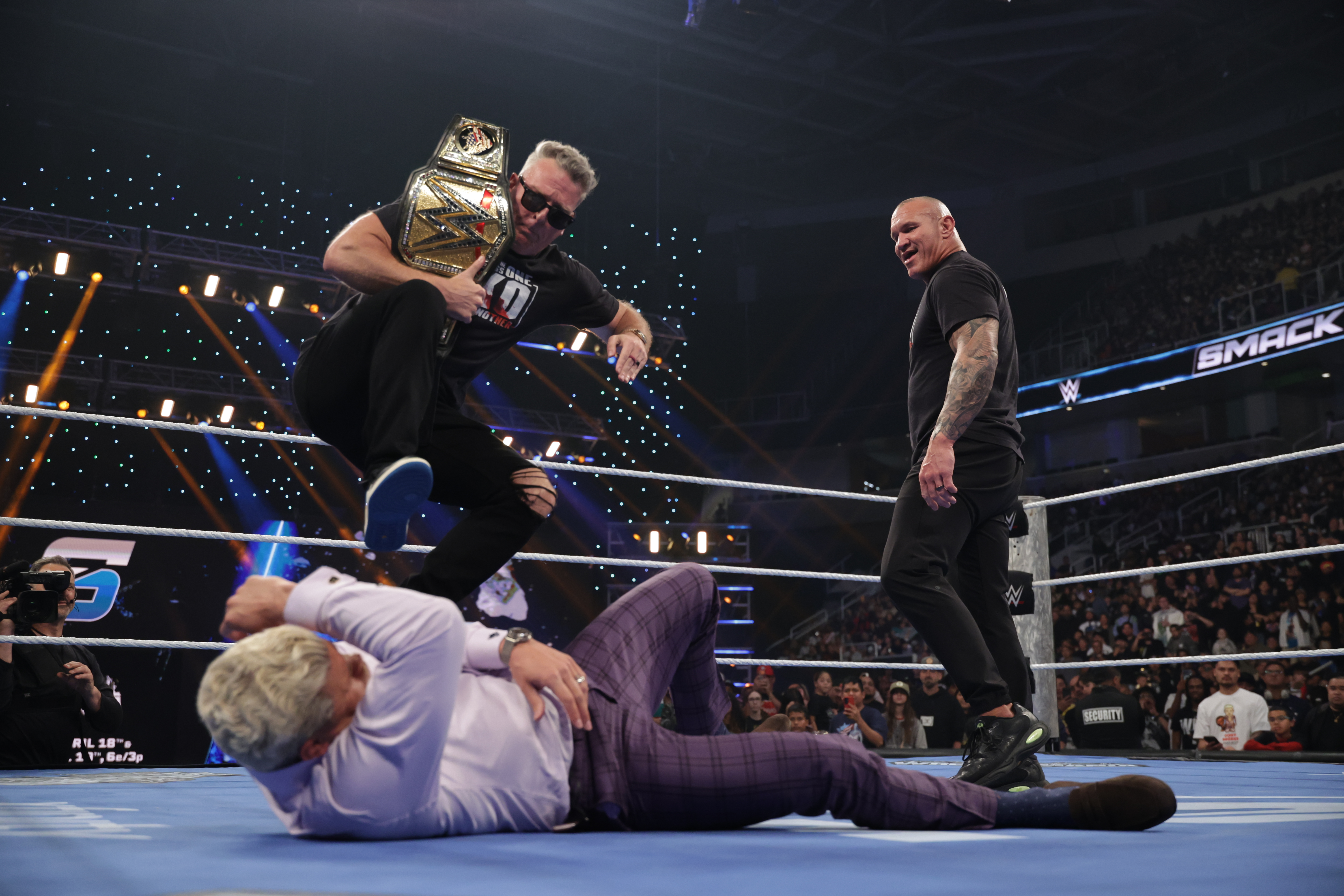 SAN JOSE, CALIFORNIA - APRIL 10: Pat McAfee and Randy Orton in action against Cody Rhodes during SmackDown at SAP Center on April 10, 2026 in San Jose, California. (Photo by Melina Pizano/WWE Via Getty Images)