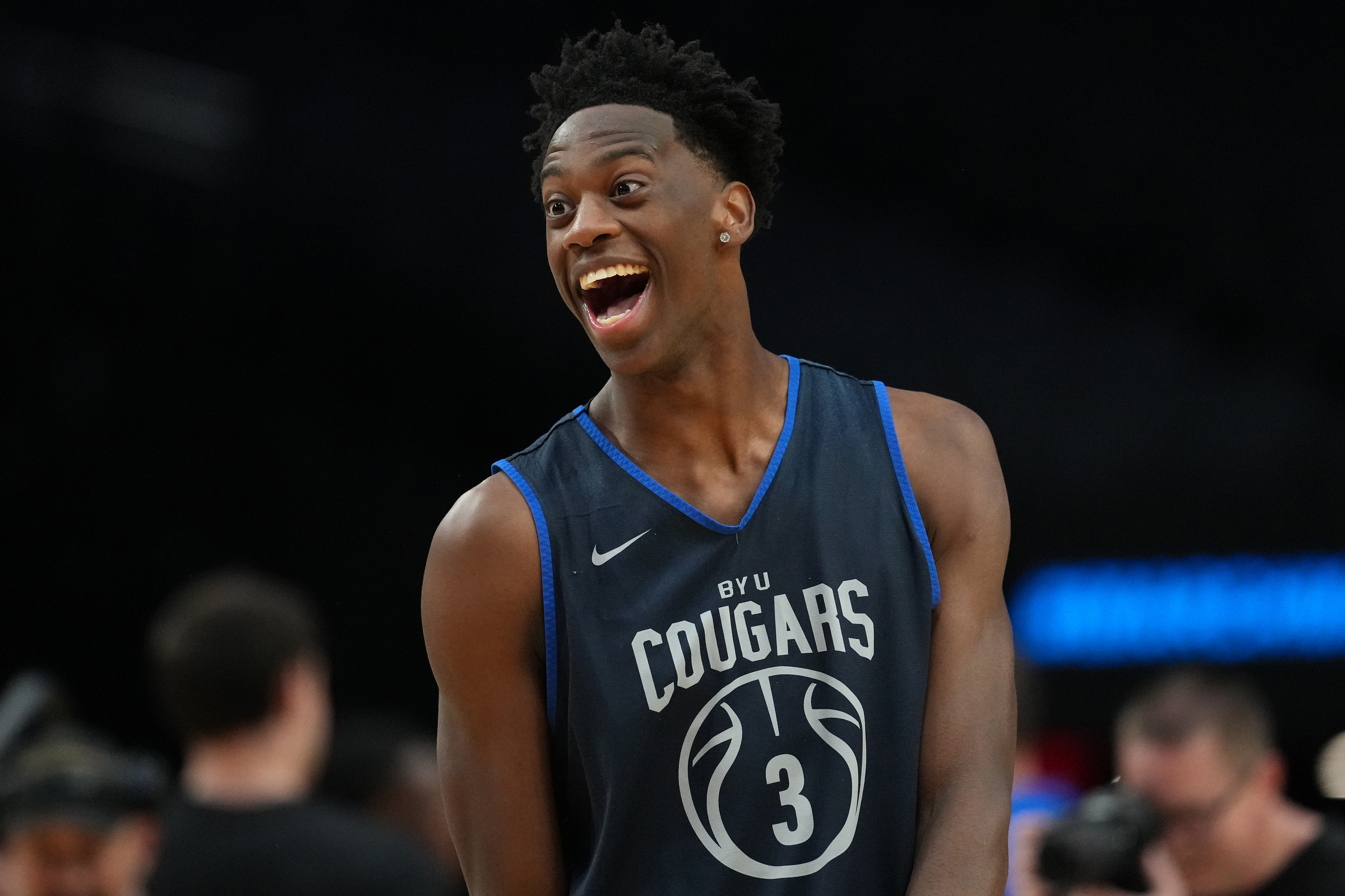 PORTLAND, OREGON - MARCH 18: AJ Dybantsa #3 of the BYU Cougars reacts during practice day ahead of the NCAA Men's Basketball Tournament at Moda Center on March 18, 2026 in Portland, Oregon.  (Photo by Soobum Im/Getty Images)